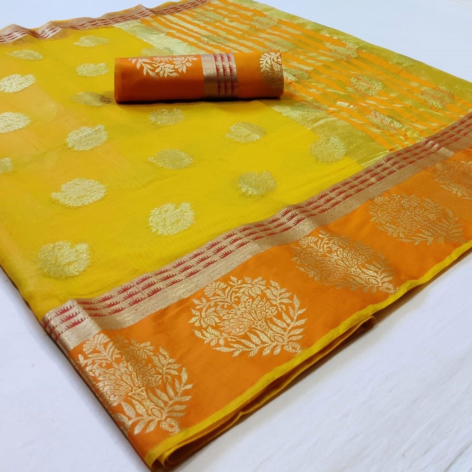 Impressive Lemon Yellow Colored Festive Wear Woven Silk Saree - Peachmode