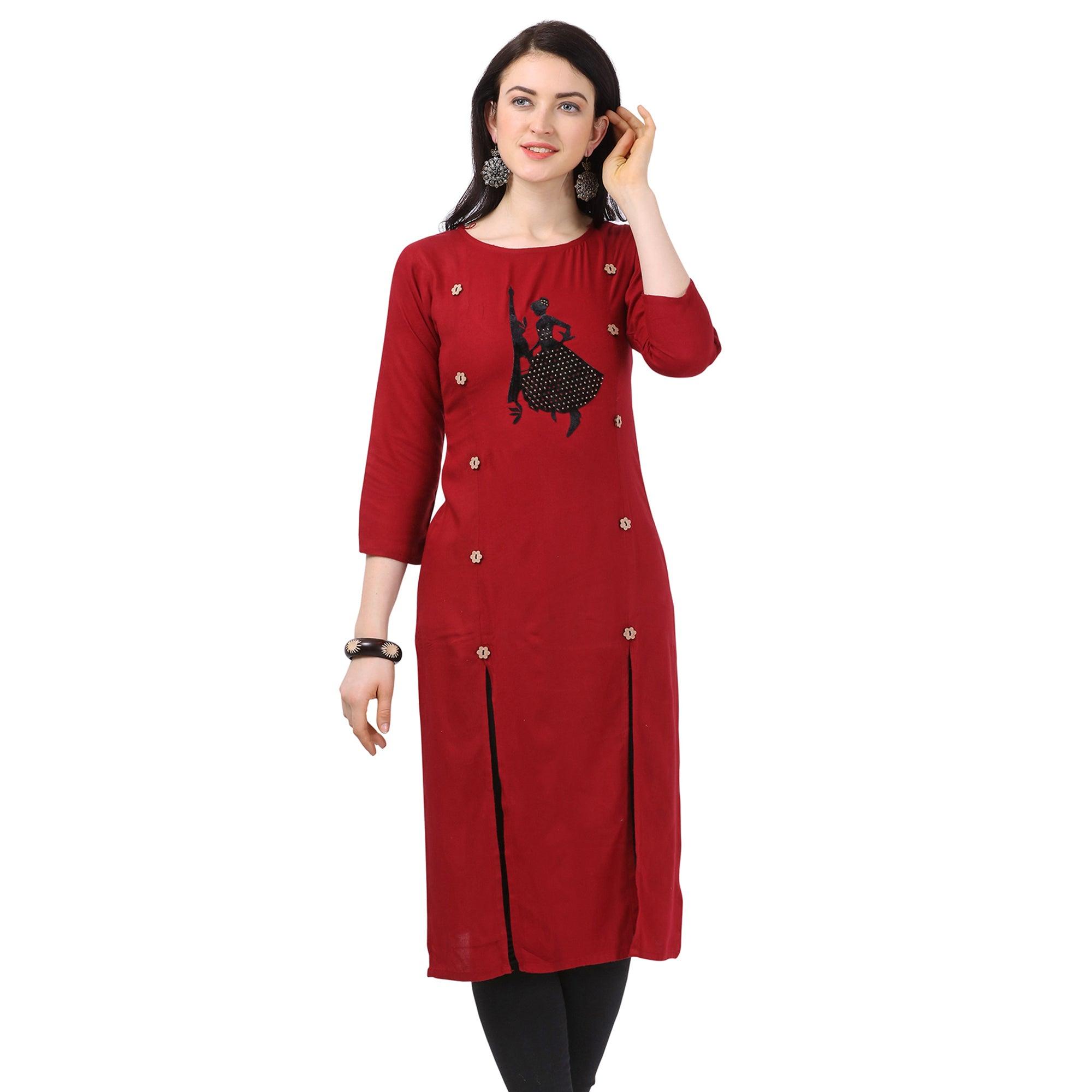 Impressive Maroon Colored Partywear Embellished Rayon Kurti - Peachmode