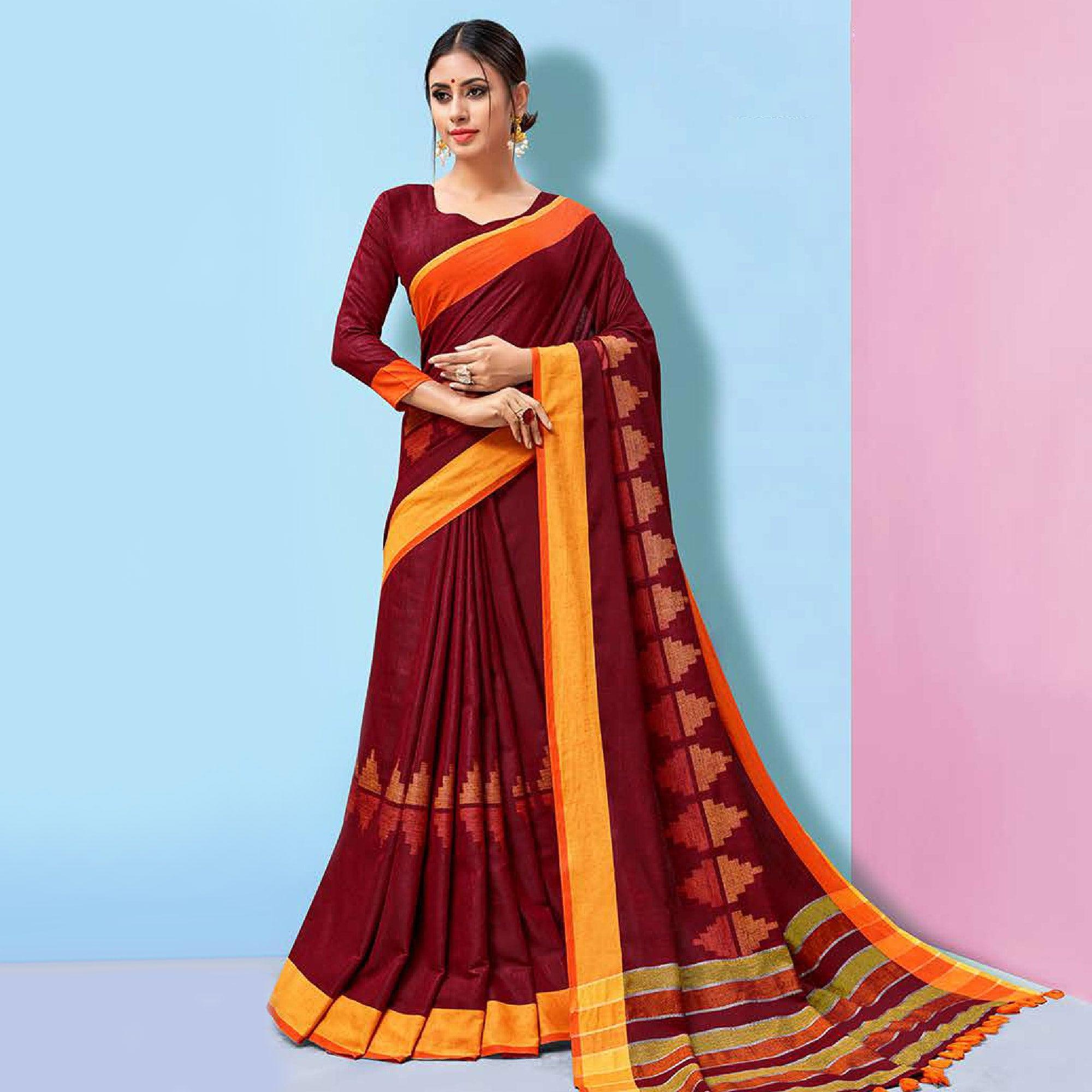 Impressive Maroon Colored Partywear Printed Linen Cotton Saree - Peachmode