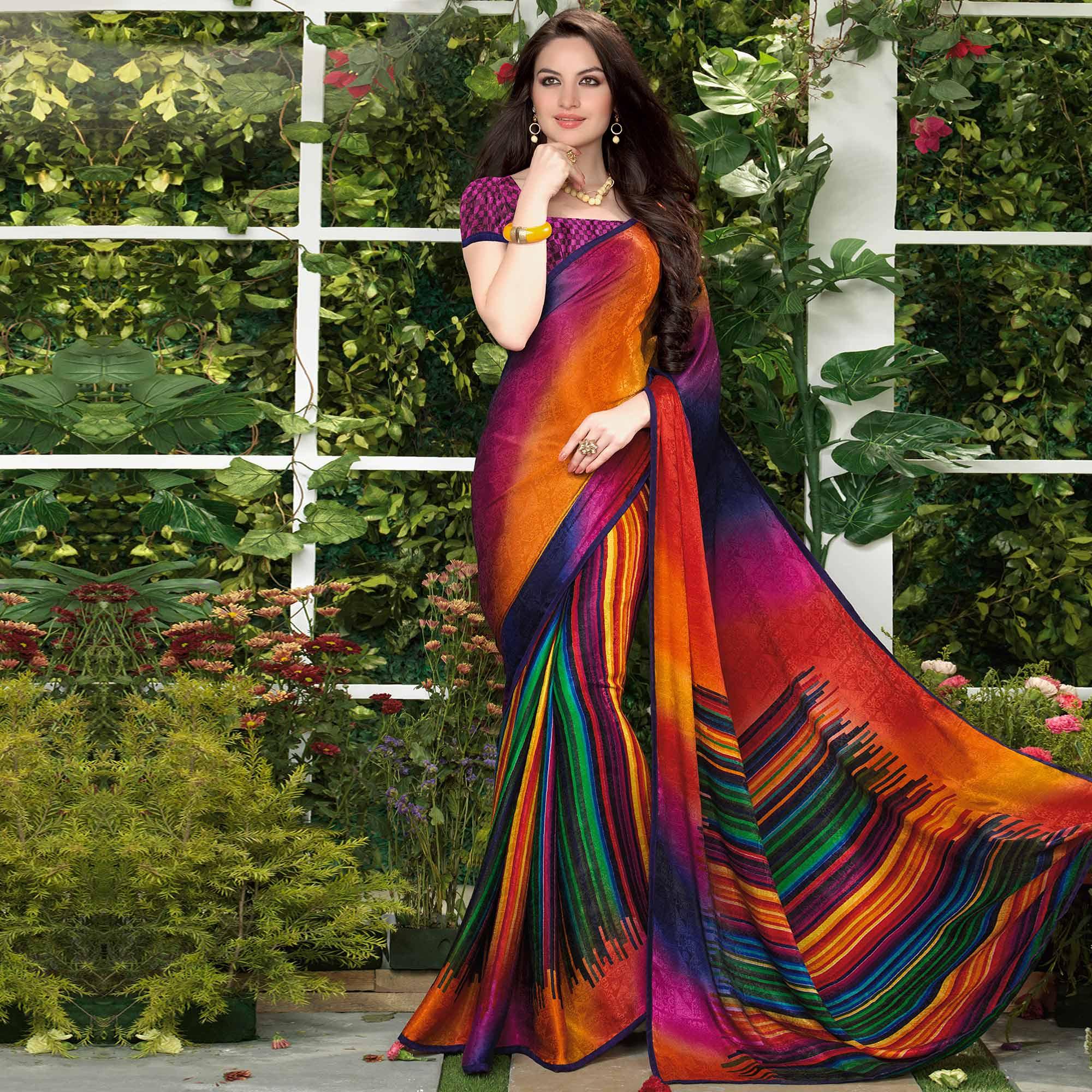 Impressive Multi Colored Party Wear Printed Silk Crepe Saree - Peachmode