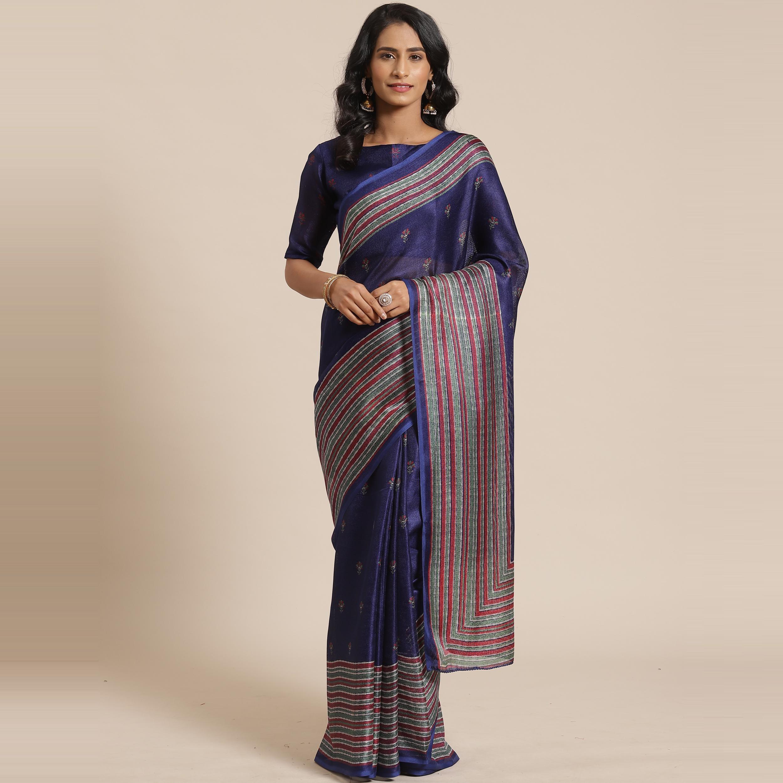 Impressive Navy Blue Colored Casual Wear Printed Jute Silk Saree - Peachmode