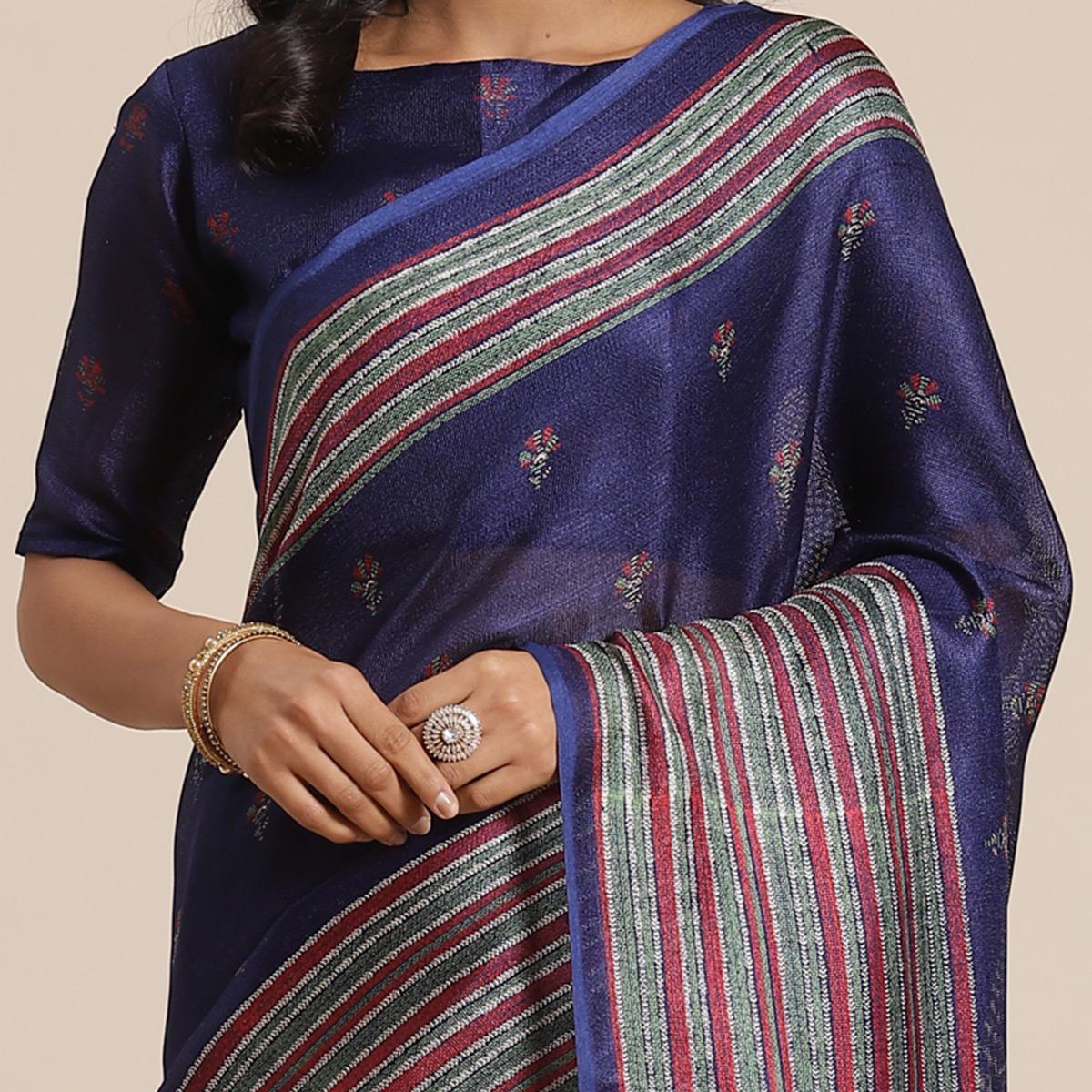 Impressive Navy Blue Colored Casual Wear Printed Jute Silk Saree - Peachmode