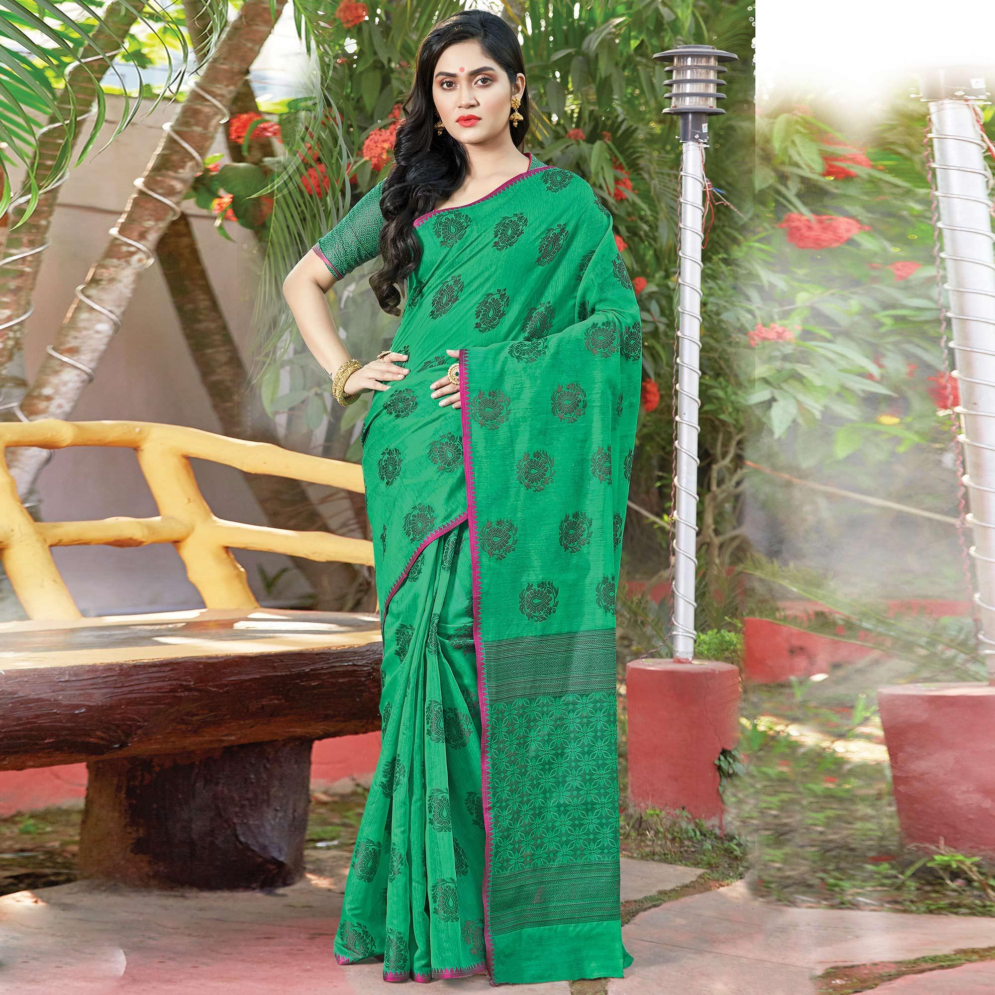 Impressive Ocean Green Colored Festive Wear Woven Cotton Handloom Saree - Peachmode