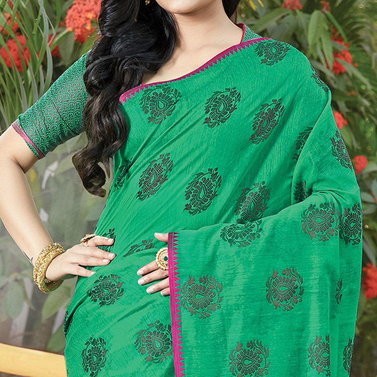 Impressive Ocean Green Colored Festive Wear Woven Cotton Handloom Saree - Peachmode