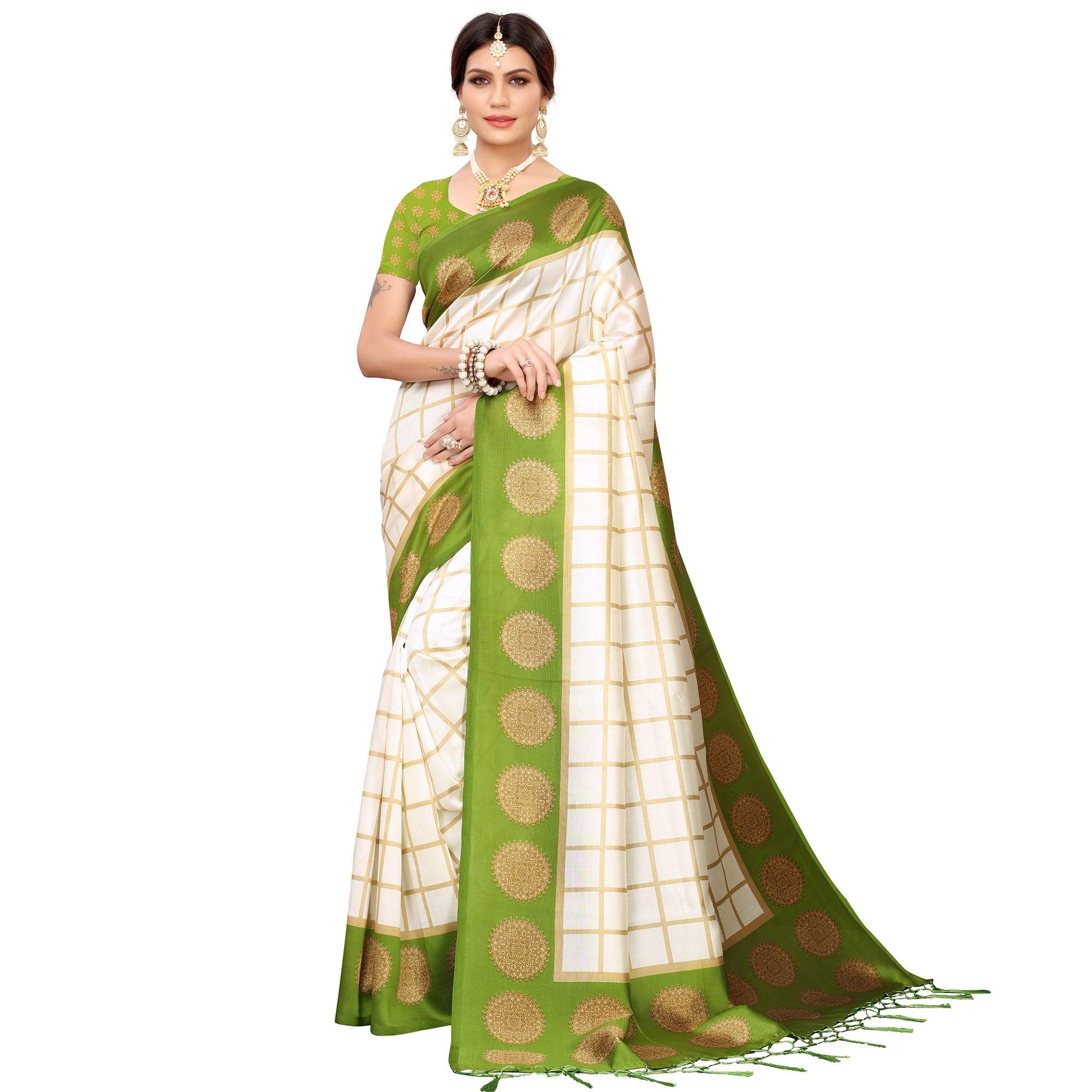 Impressive Off White-Olive Green Colored Festive Wear Mysore Silk Saree - Peachmode