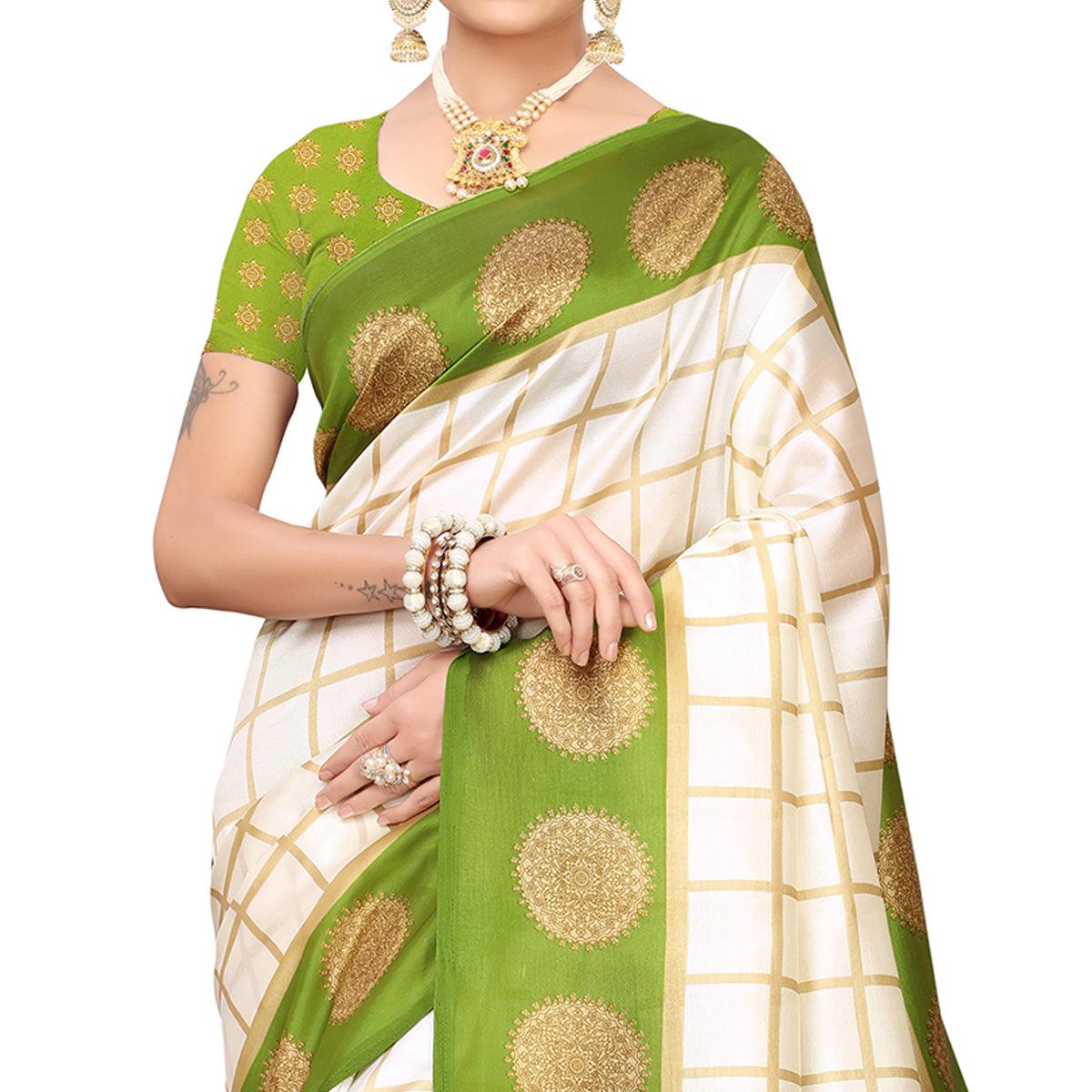 Impressive Off White-Olive Green Colored Festive Wear Mysore Silk Saree - Peachmode