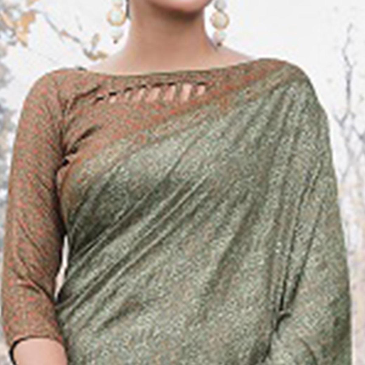 Impressive Olive Green Colored Festive Wear Printed Art Silk Saree - Peachmode