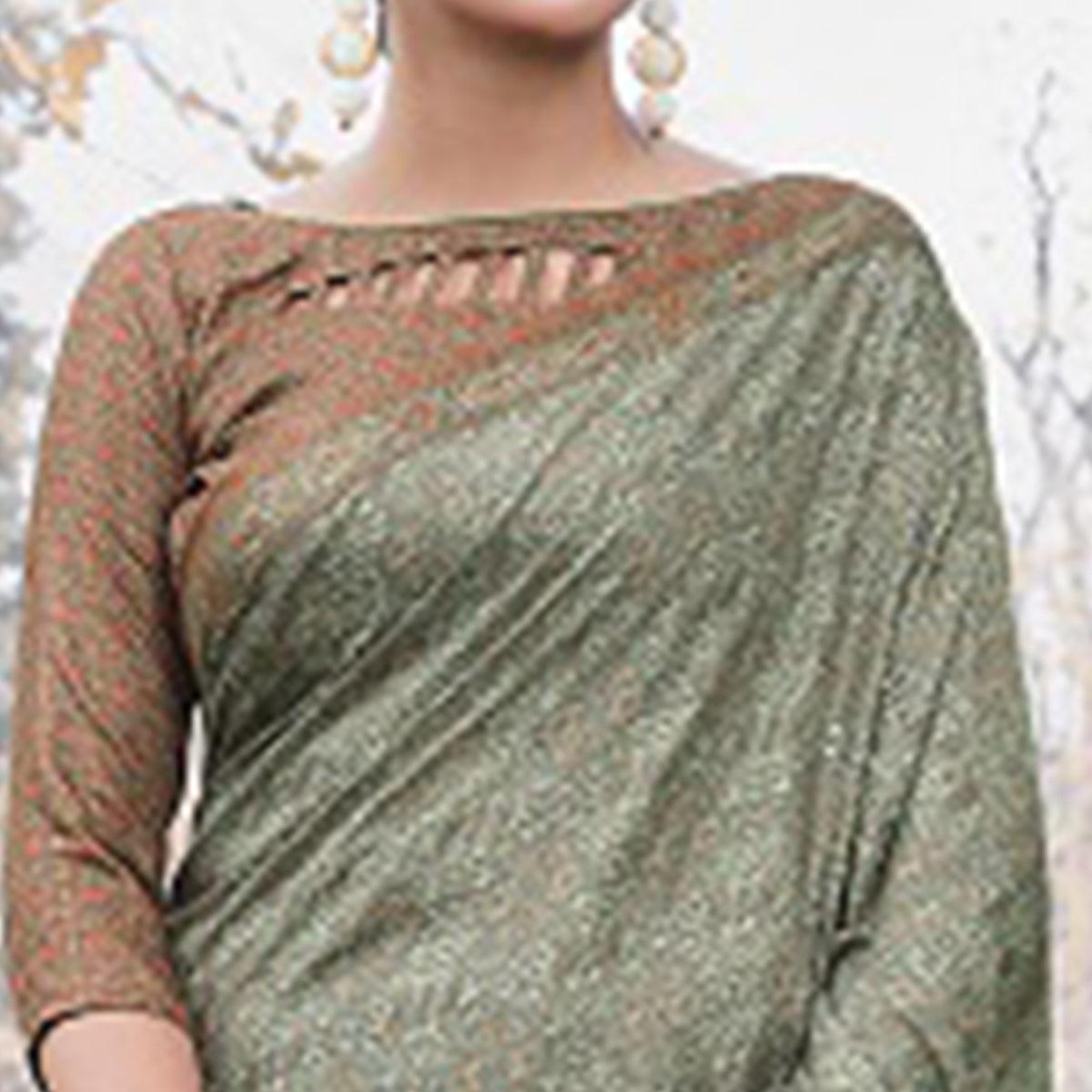 Impressive Olive Green Colored Festive Wear Printed Art Silk Saree - Peachmode