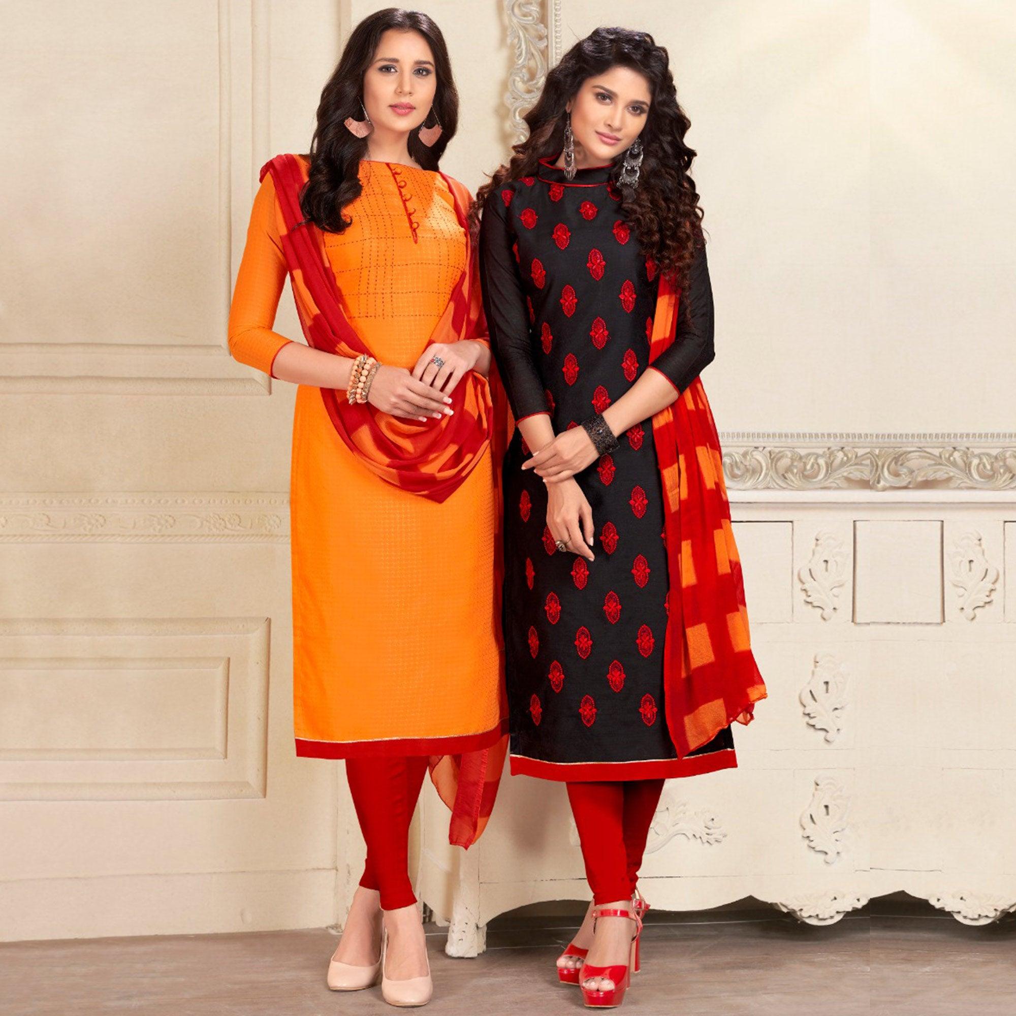Impressive Orange And Black Colored Dual Top Chanderi - Cotton Dress Material - Peachmode