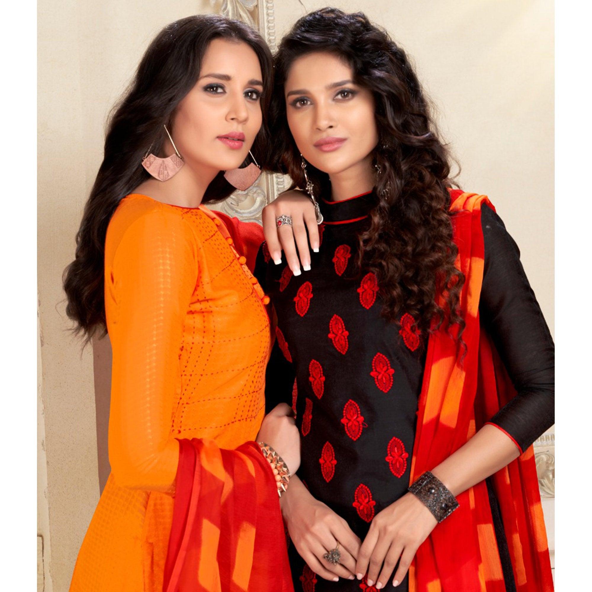 Impressive Orange And Black Colored Dual Top Chanderi - Cotton Dress Material Impressive Orange And Black Colored Dual Top Chanderi - Cotton Dress Material