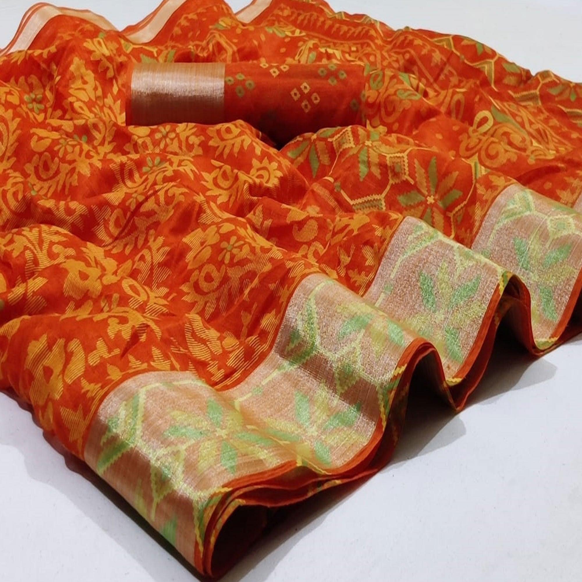 Impressive Orange Colored Casual Wear Printed Heavy Linen Saree - Peachmode