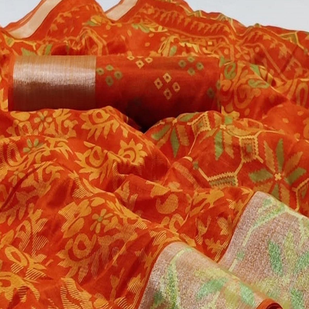 Impressive Orange Colored Casual Wear Printed Heavy Linen Saree - Peachmode