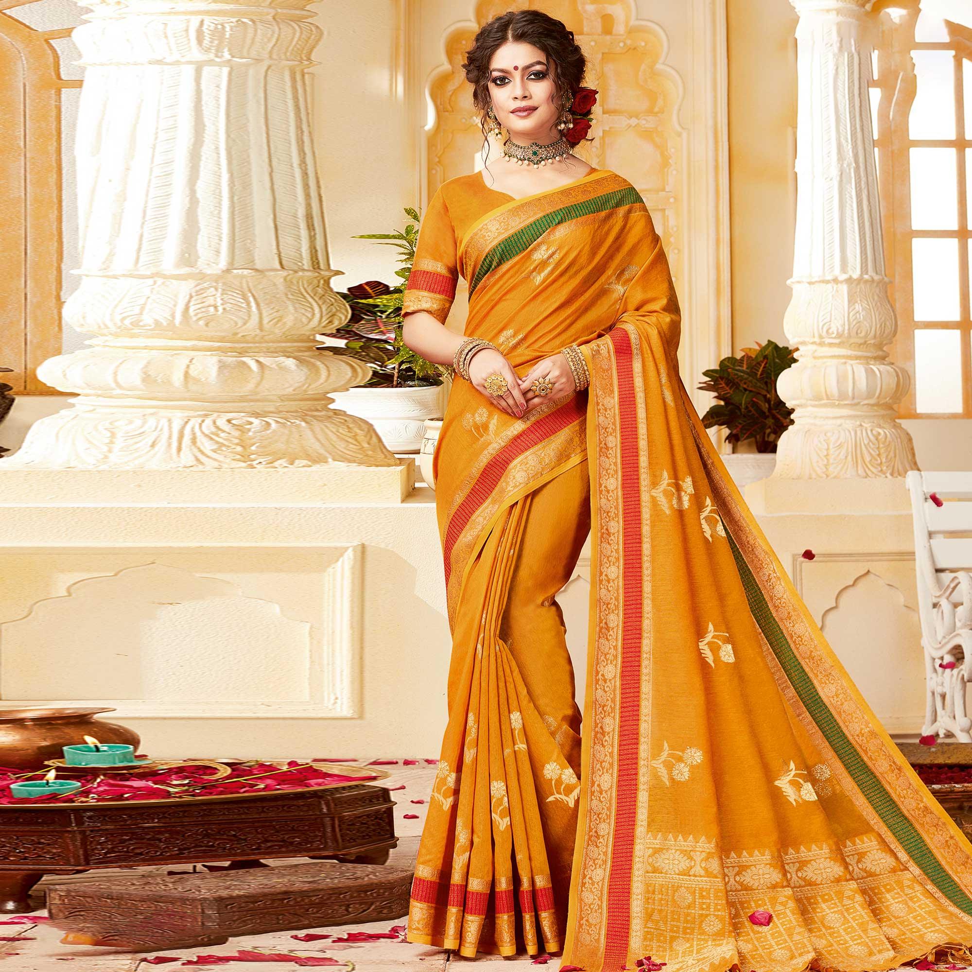 Impressive Orange Colored Festive Wear Woven Cotton Handloom Saree - Peachmode