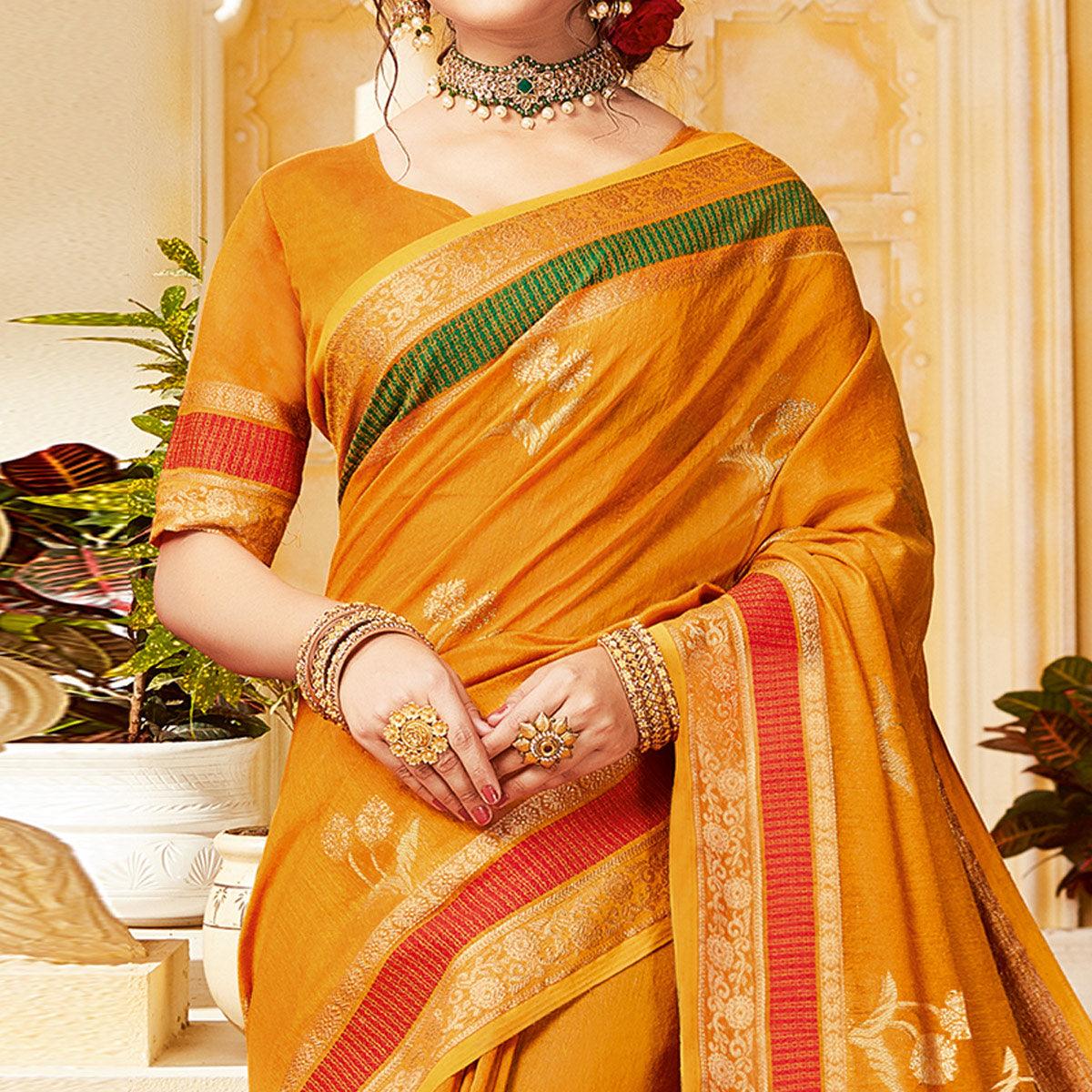 Impressive Orange Colored Festive Wear Woven Cotton Handloom Saree - Peachmode