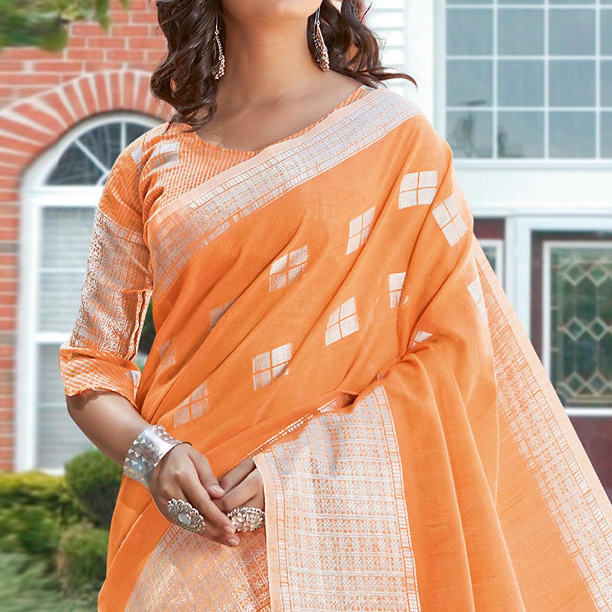 Impressive Orange Colored Festive Wear Woven Linen Cotton Sareee - Peachmode
