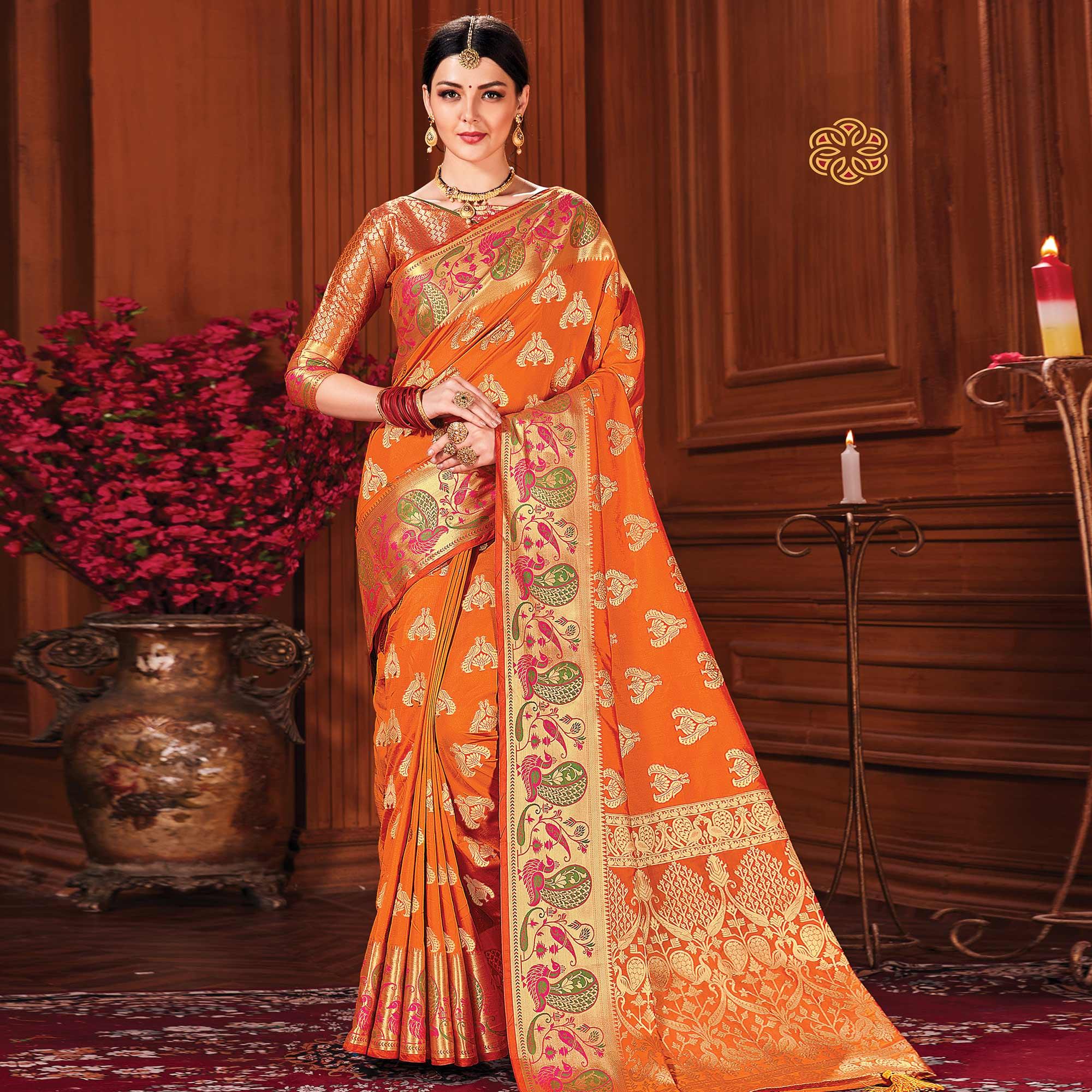 Impressive Orange Colored Festive Wear Woven Silk Saree - Peachmode
