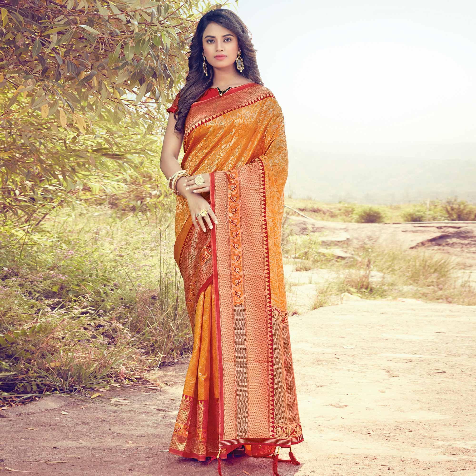 Impressive Orange Colored Festive Wear Woven Silk Saree - Peachmode