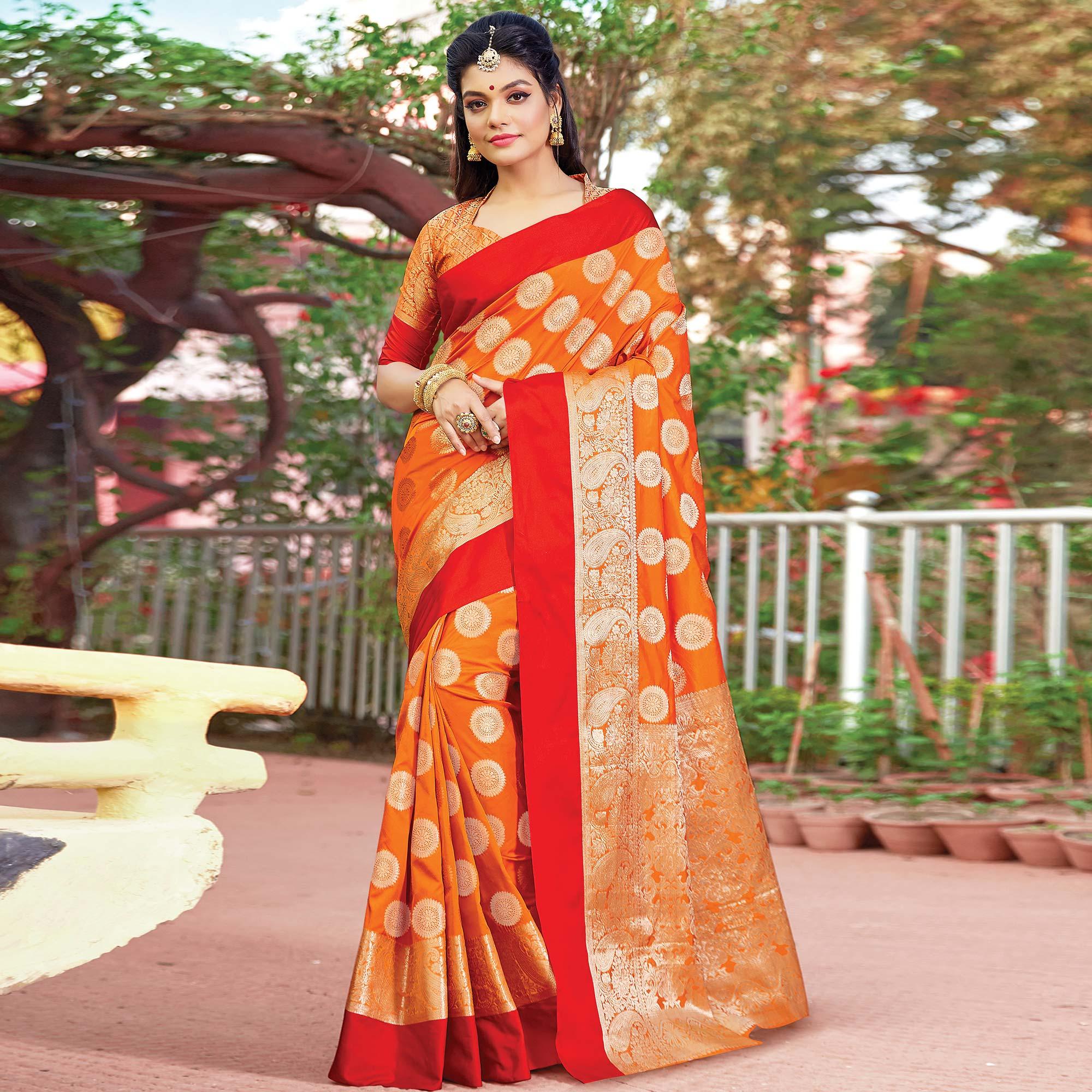 Impressive Orange Colored Festive Wear Woven Silk Saree - Peachmode
