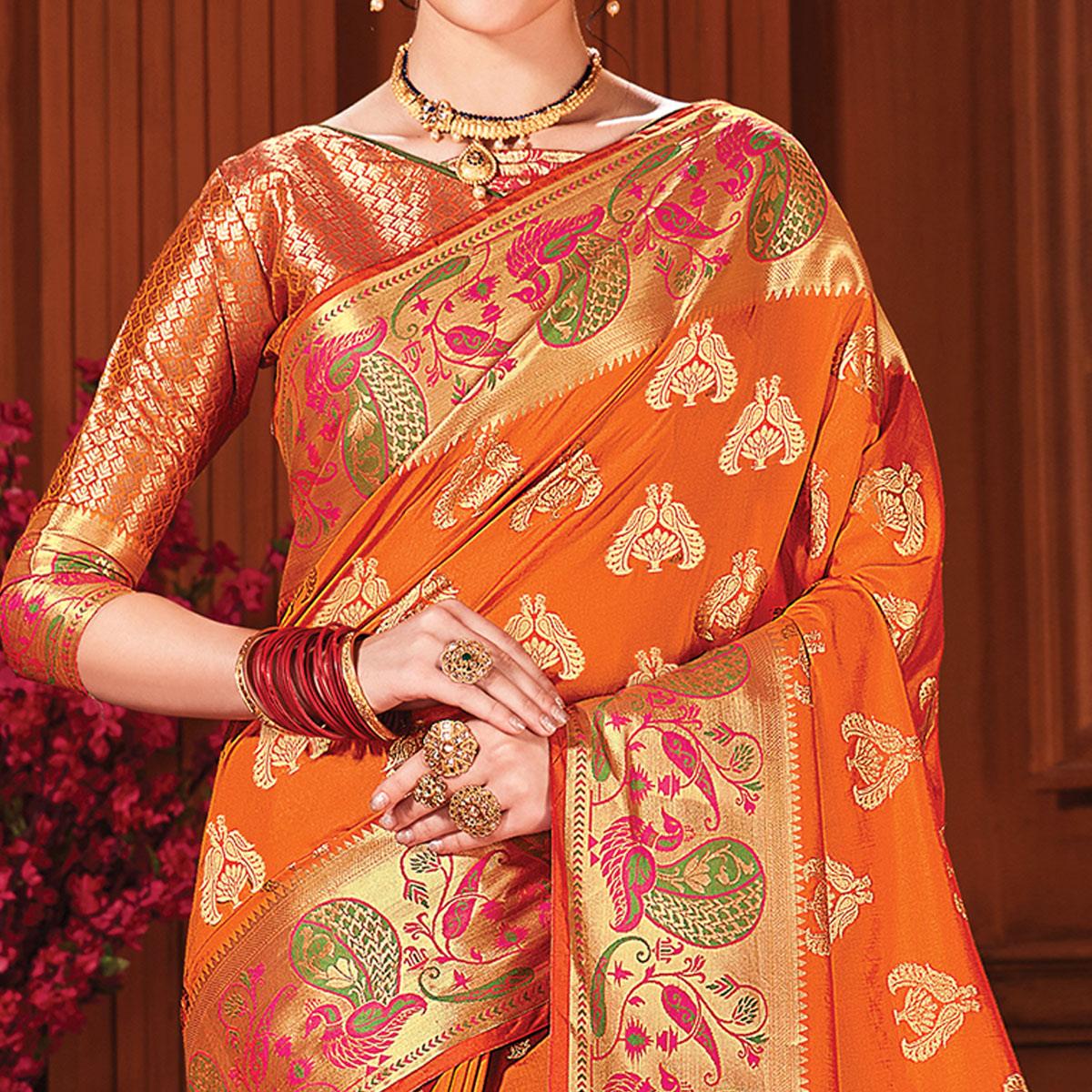 Impressive Orange Colored Festive Wear Woven Silk Saree - Peachmode