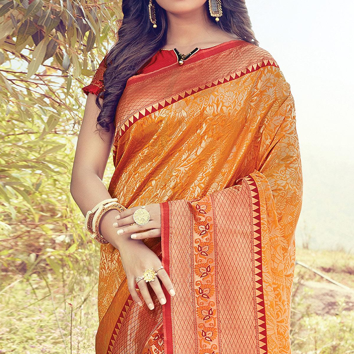 Impressive Orange Colored Festive Wear Woven Silk Saree - Peachmode