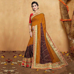 Impressive Orange Colored Festive Wear Zari Work Vichitra Silk Saree - Peachmode
