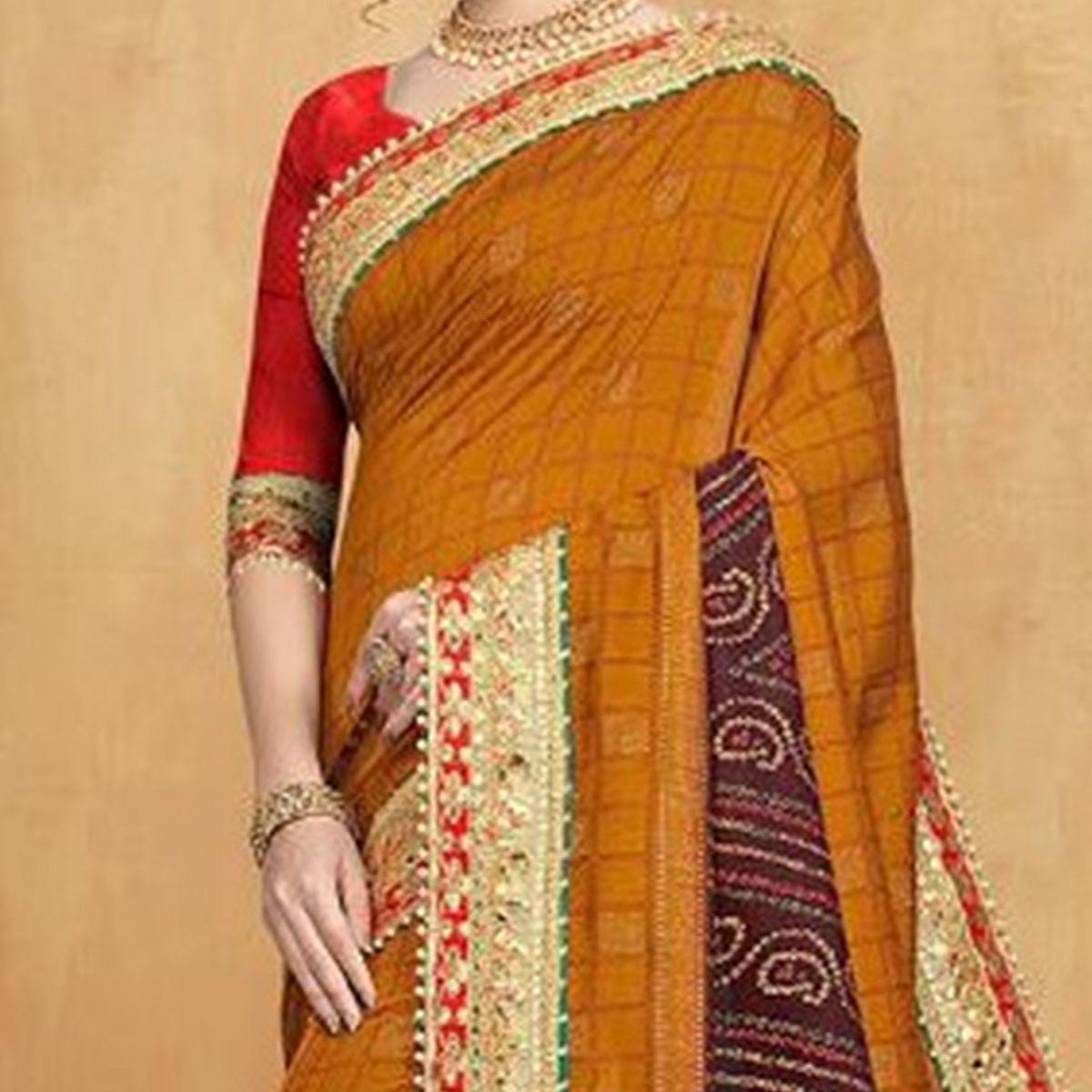 Impressive Orange Colored Festive Wear Zari Work Vichitra Silk Saree - Peachmode