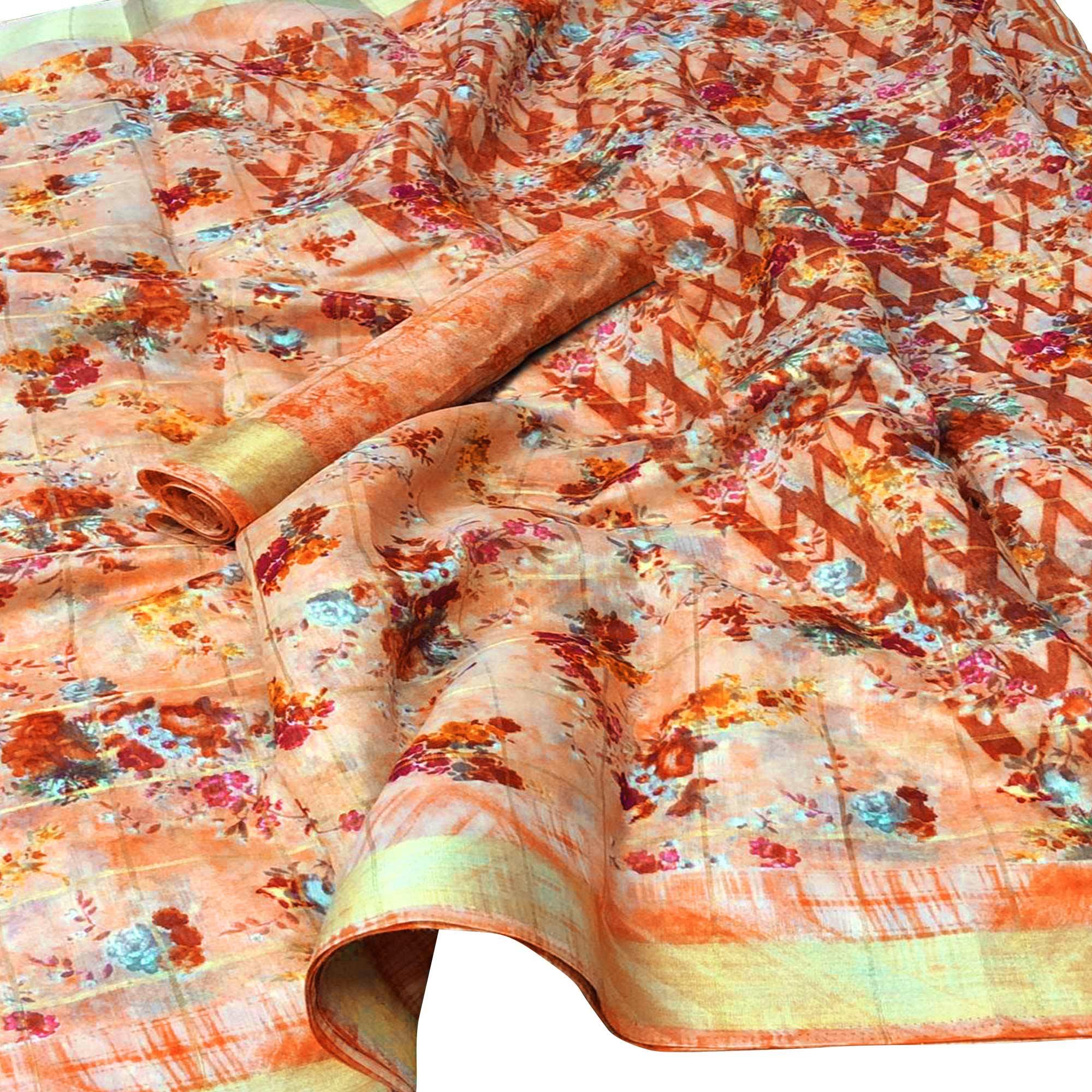 Impressive Peach Colored Casual Floral Printed Cotton Saree - Peachmode