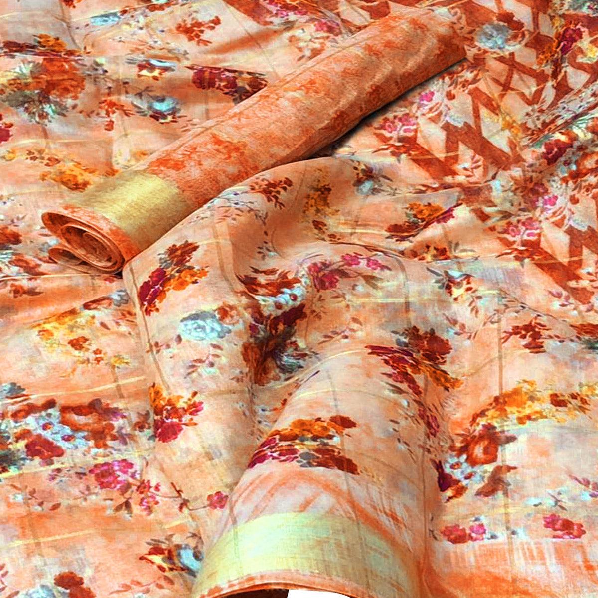 Impressive Peach Colored Casual Floral Printed Cotton Saree - Peachmode