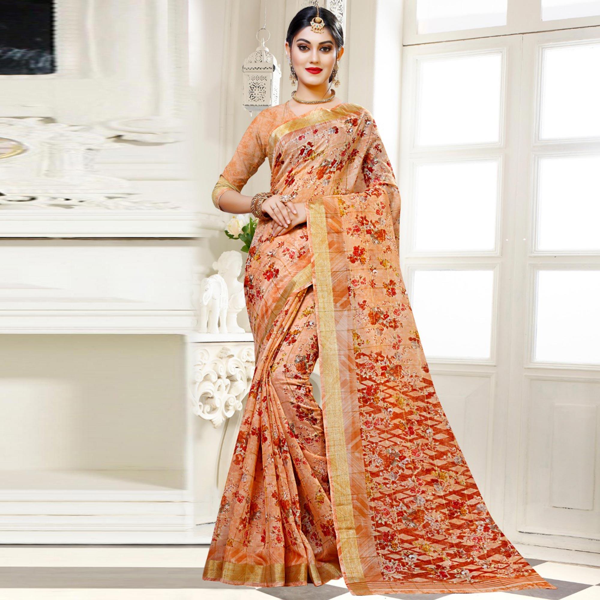 Impressive Peach Colored Casual Floral Printed Cotton Saree - Peachmode