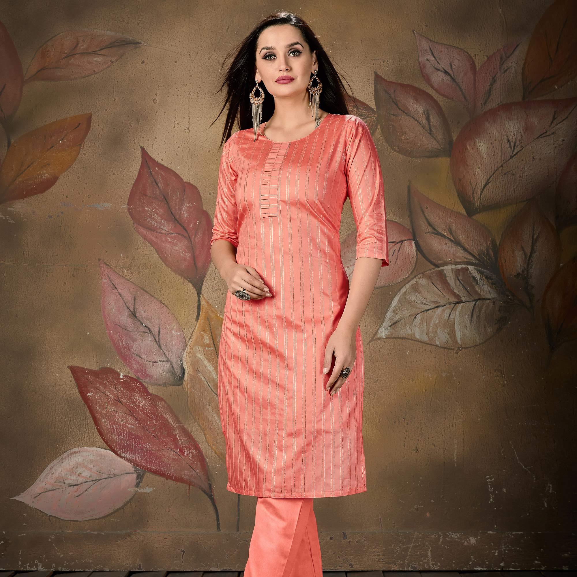 Impressive Peach Colored Casual Wear Printed Cotton Kurti - Peachmode