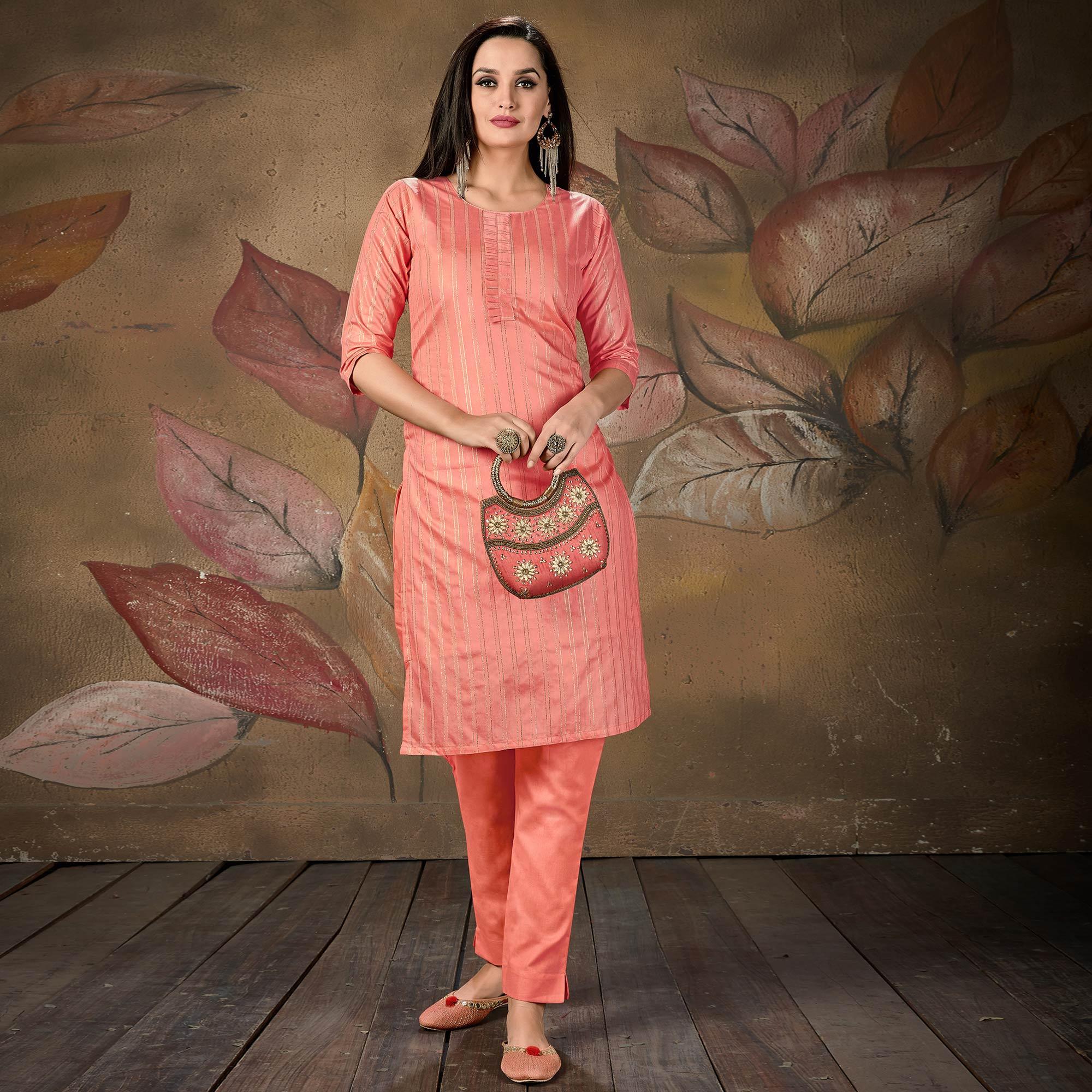 Impressive Peach Colored Casual Wear Printed Cotton Kurti - Peachmode