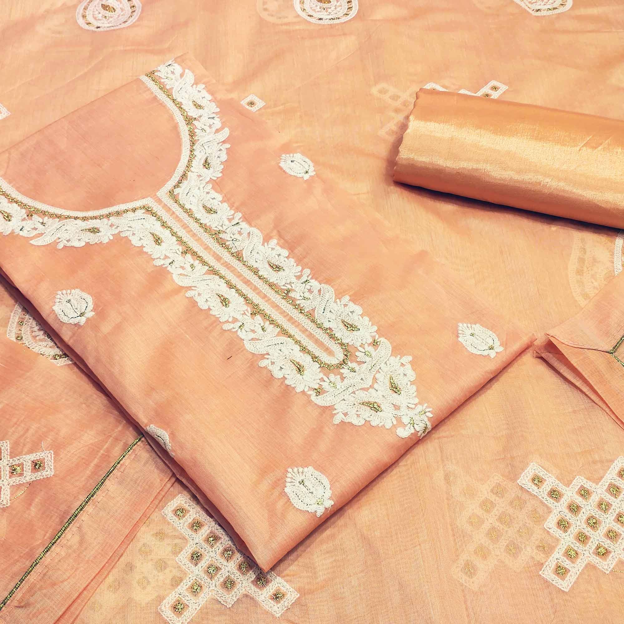 Impressive Peach Colored Partywear Embroidered Modal Silk Dress Material - Peachmode