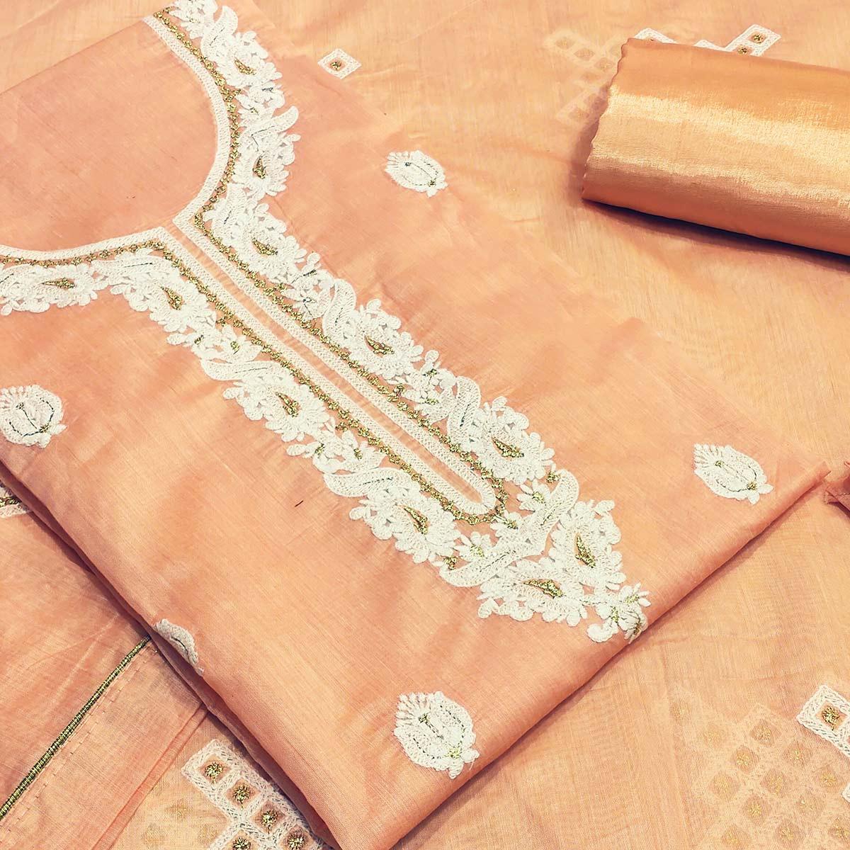 Impressive Peach Colored Partywear Embroidered Modal Silk Dress Material - Peachmode