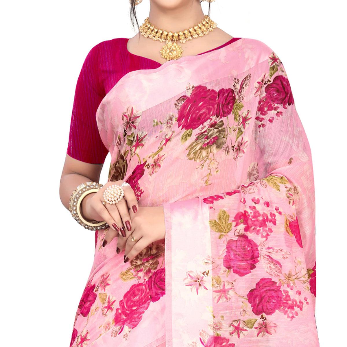 Impressive Pink Colored Casual Wear Floral Printed Linen Saree - Peachmode