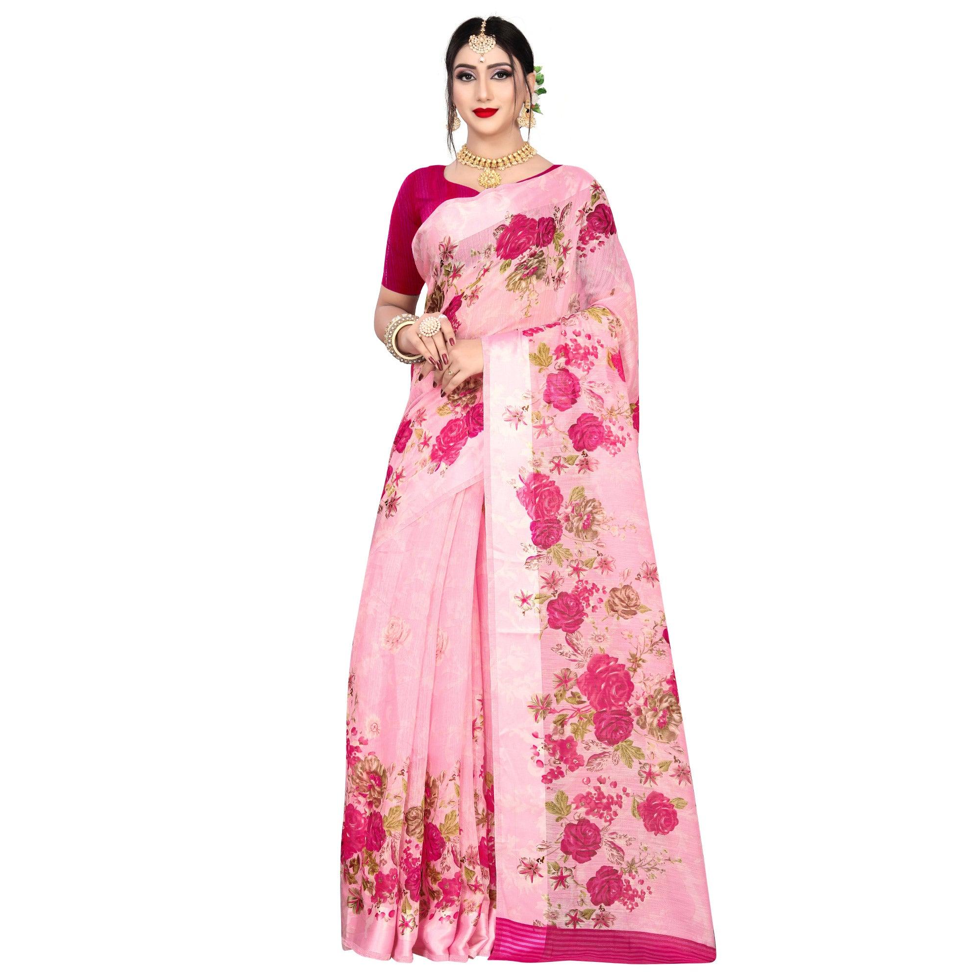 Impressive Pink Colored Casual Wear Floral Printed Linen Saree - Peachmode