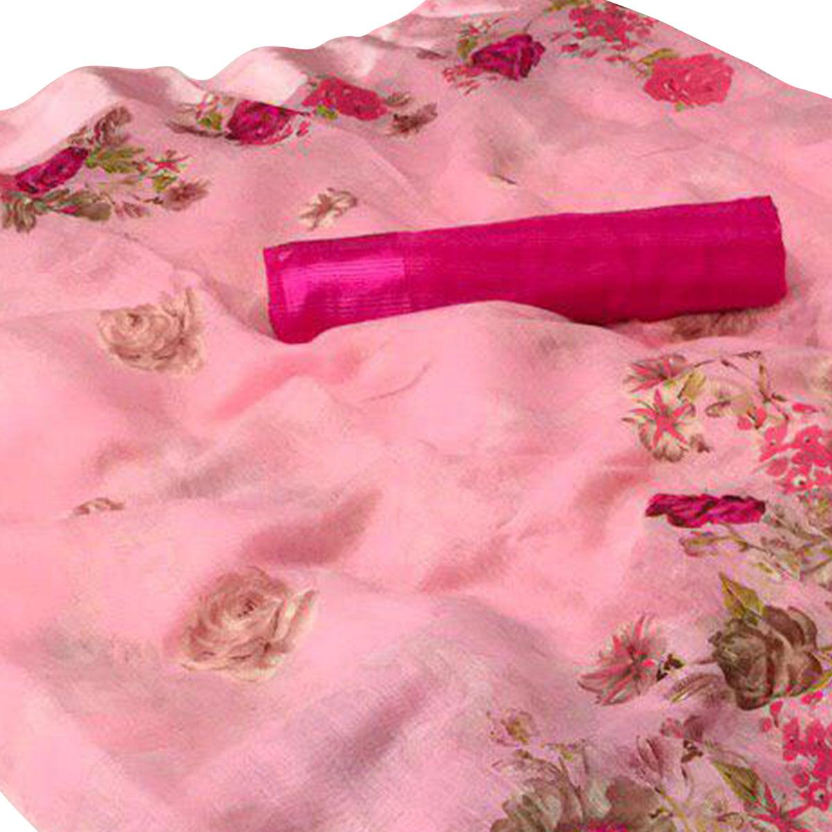 Impressive Pink Colored Casual Wear Floral Printed Linen Saree - Peachmode