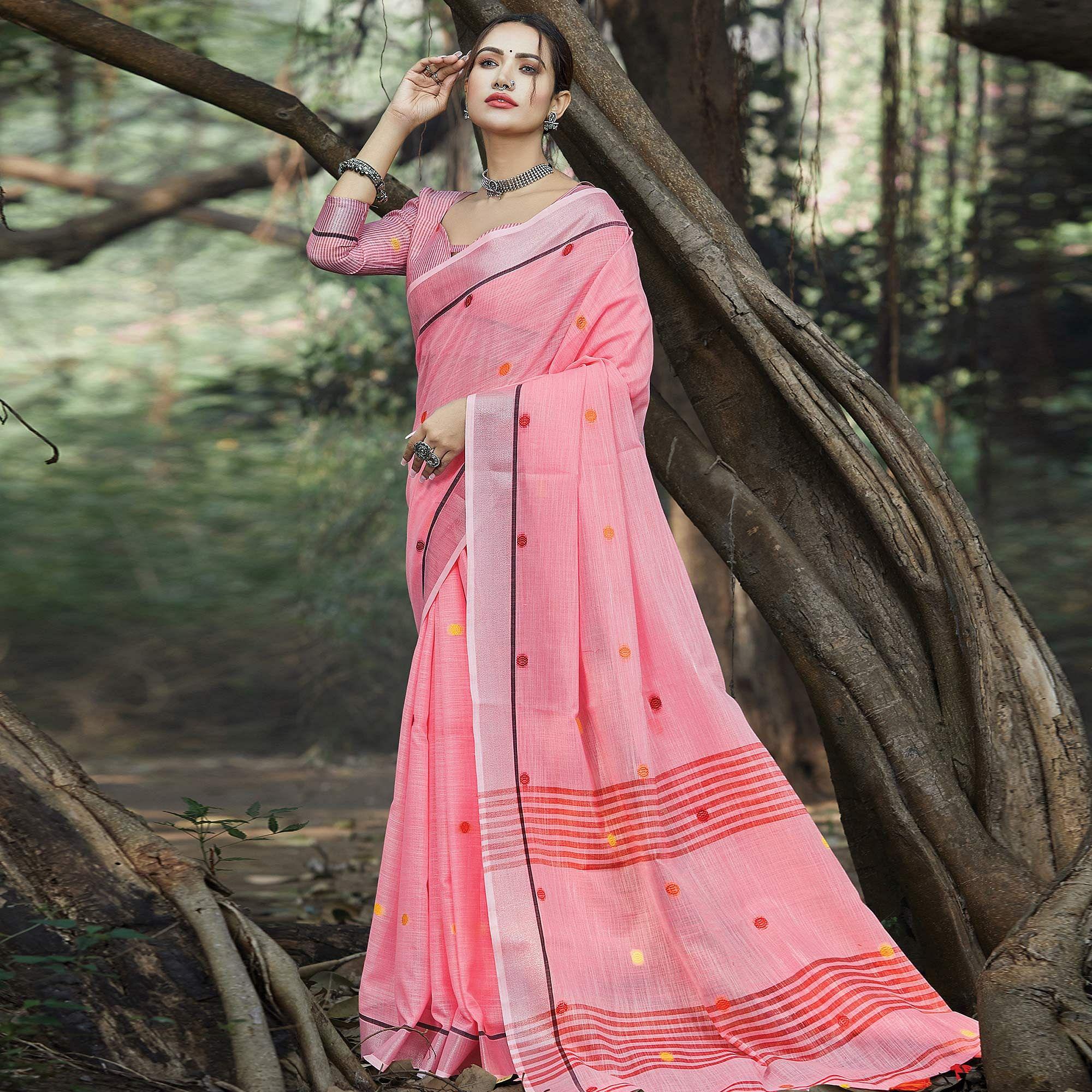Impressive Pink Colored Festive Wear Printed Linen Saree - Peachmode