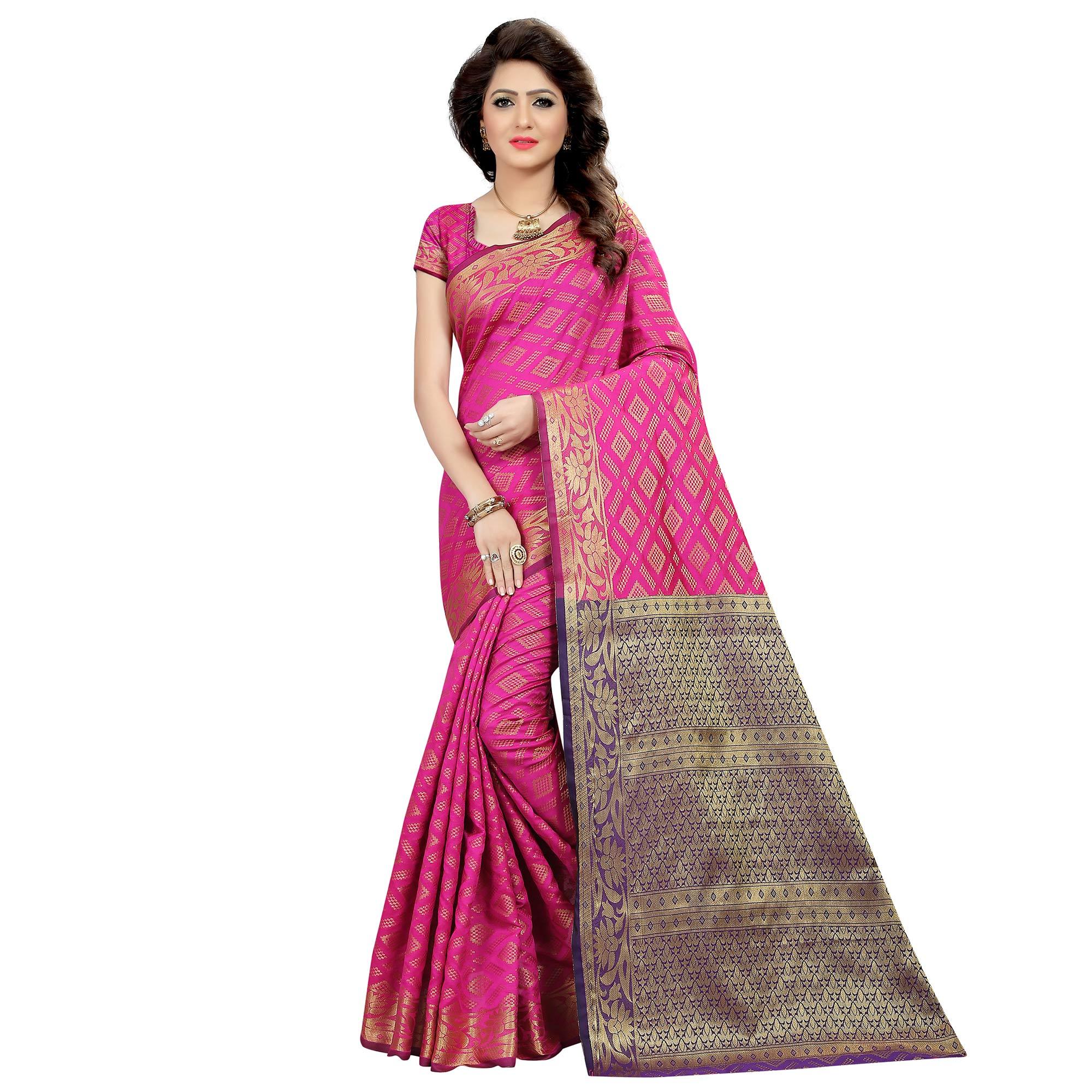 Impressive Pink Colored Festive Wear Woven Cotton Silk Saree - Peachmode