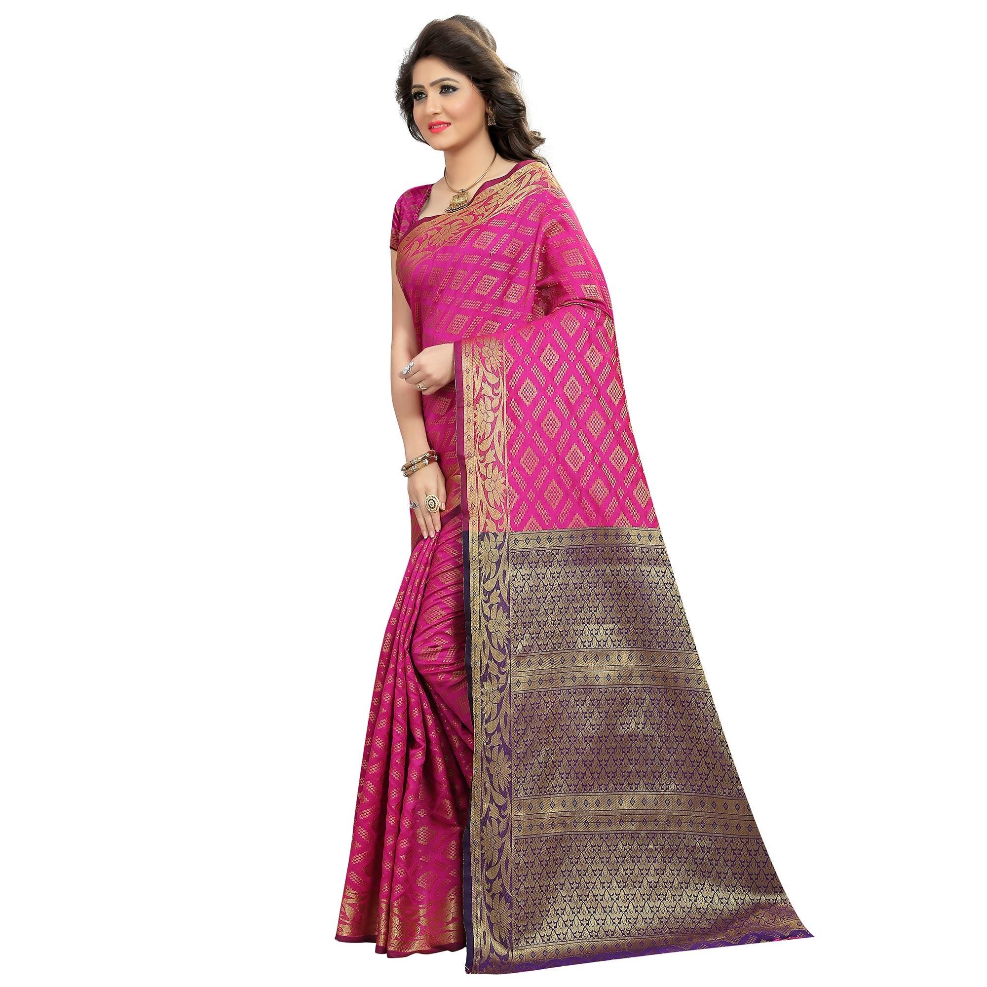 Impressive Pink Colored Festive Wear Woven Cotton Silk Saree - Peachmode