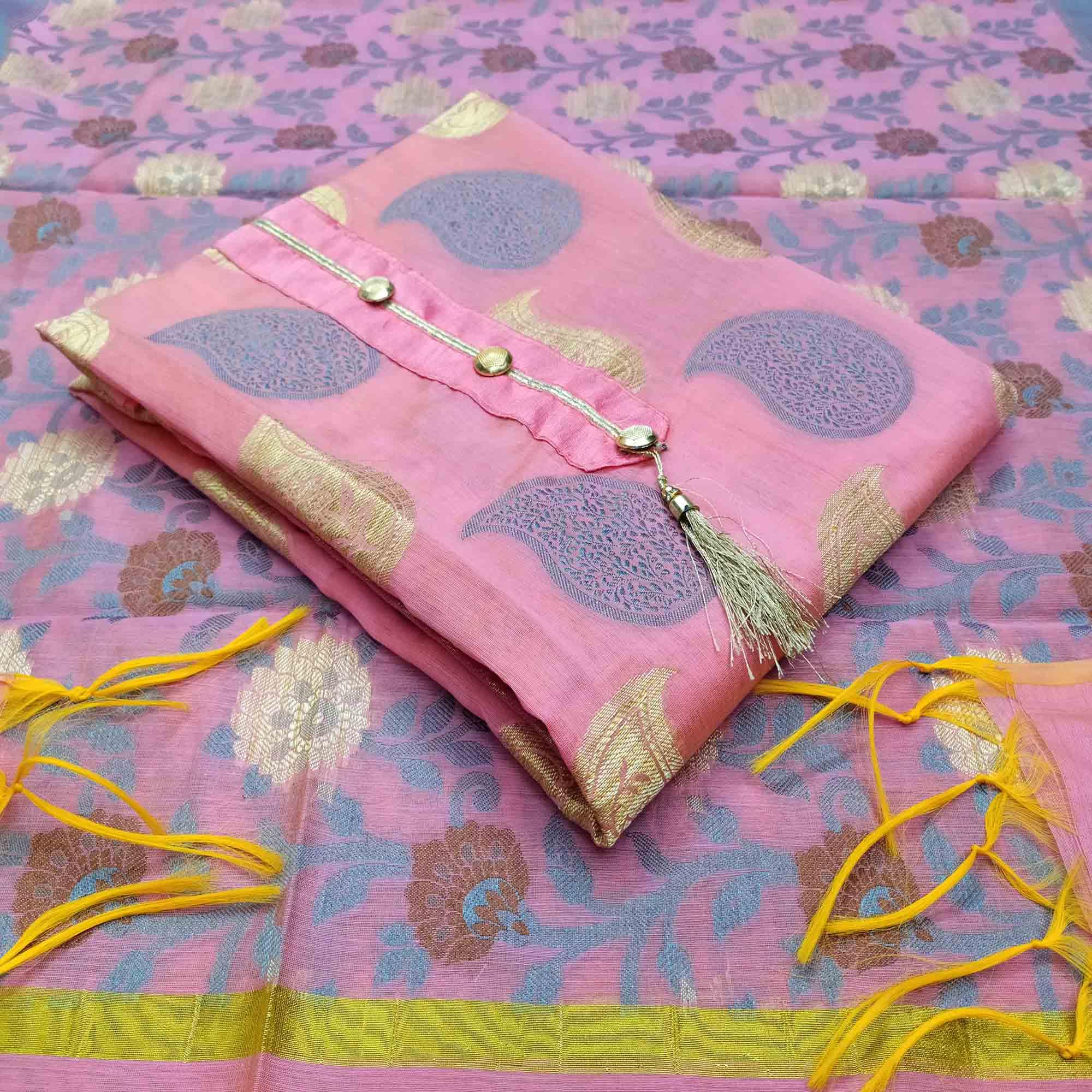 Impressive Pink Colored Festive Wear Woven Heavy Banarasi Silk Dress Material - Peachmode