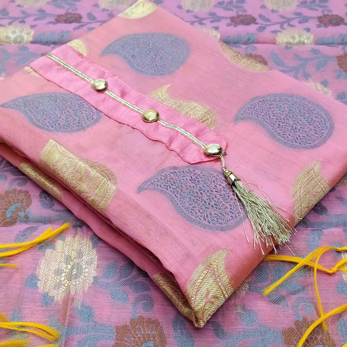 Impressive Pink Colored Festive Wear Woven Heavy Banarasi Silk Dress Material - Peachmode