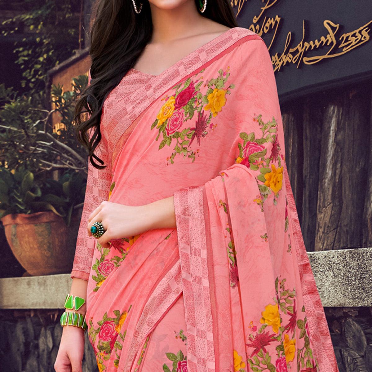 Impressive Pink Colored Partywear Designer Printed Georgette Saree - Peachmode