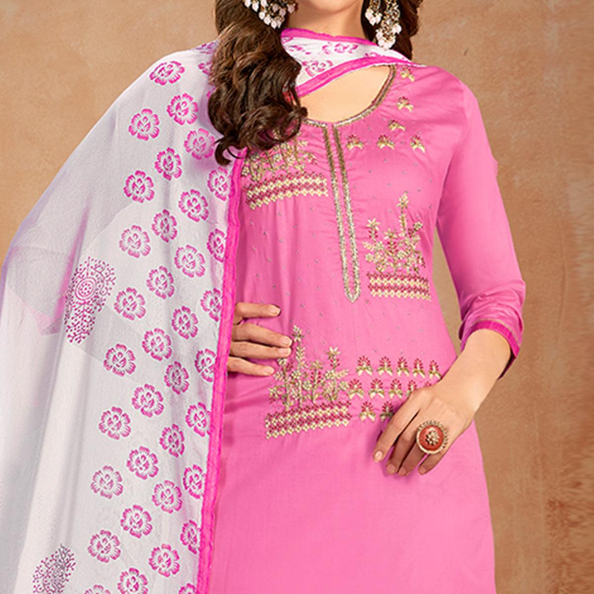 Impressive Pink Colored Partywear Embroidered Pure Cotton Dress Material - Peachmode