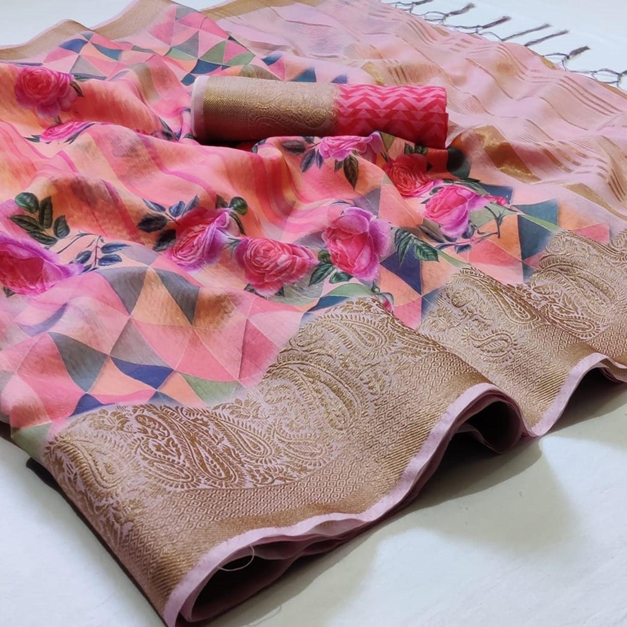 Impressive Pink - Peach Colored Festive Wear Woven Banarasi Silk Saree - Peachmode