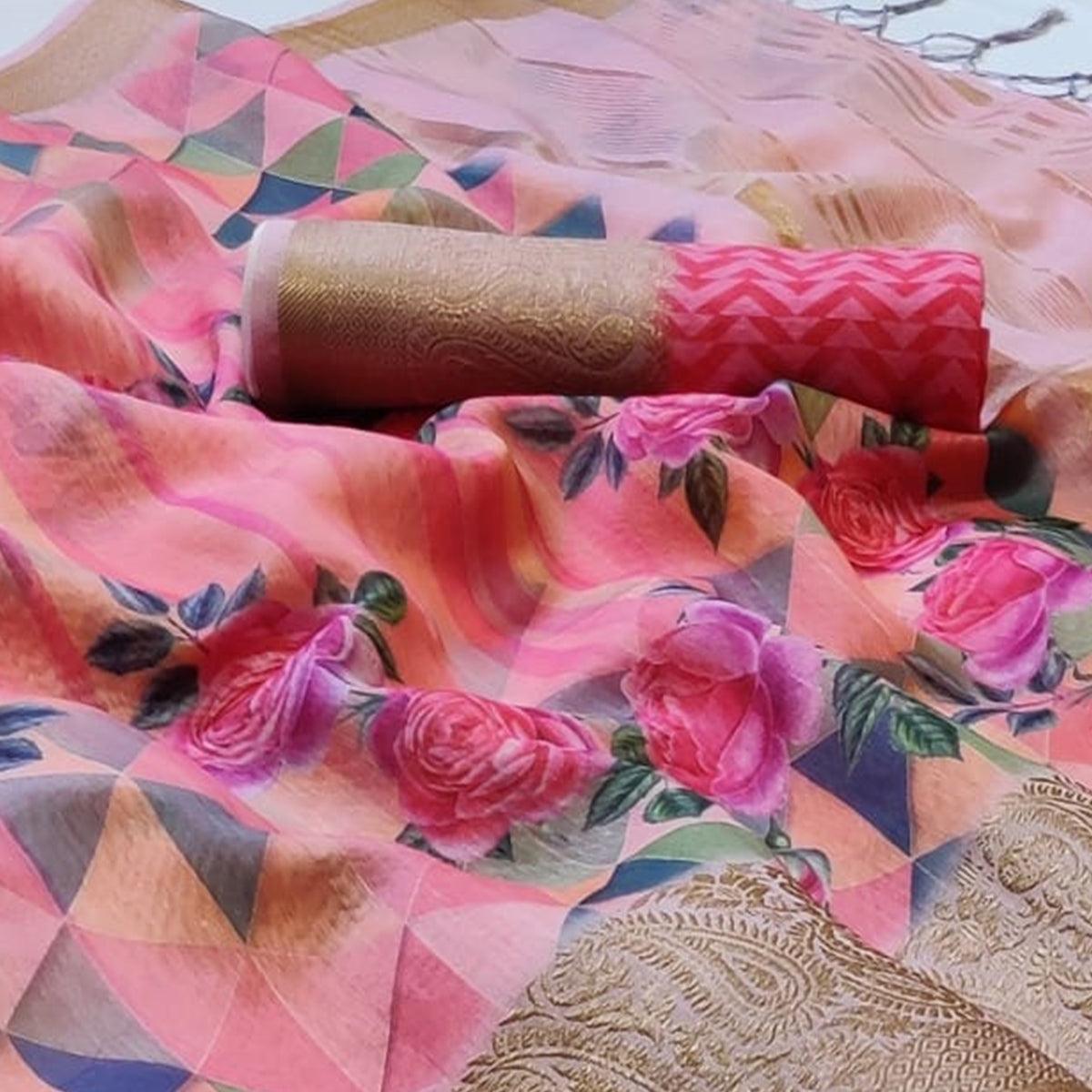 Impressive Pink - Peach Colored Festive Wear Woven Banarasi Silk Saree - Peachmode