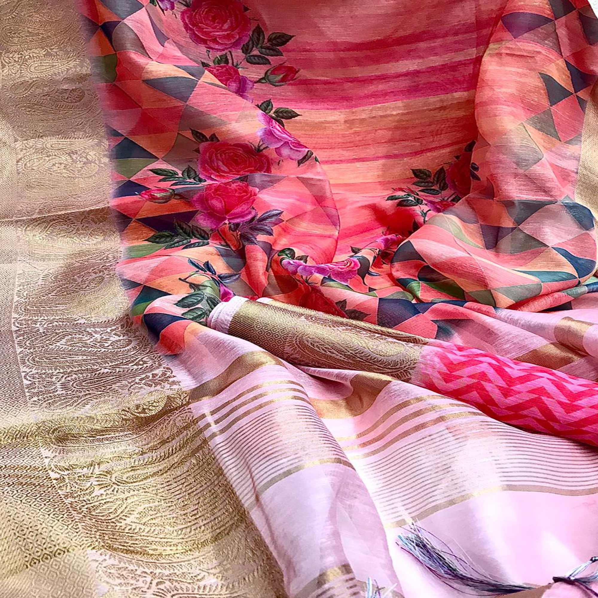 Impressive Pink - Peach Colored Festive Wear Woven Banarasi Silk Saree - Peachmode