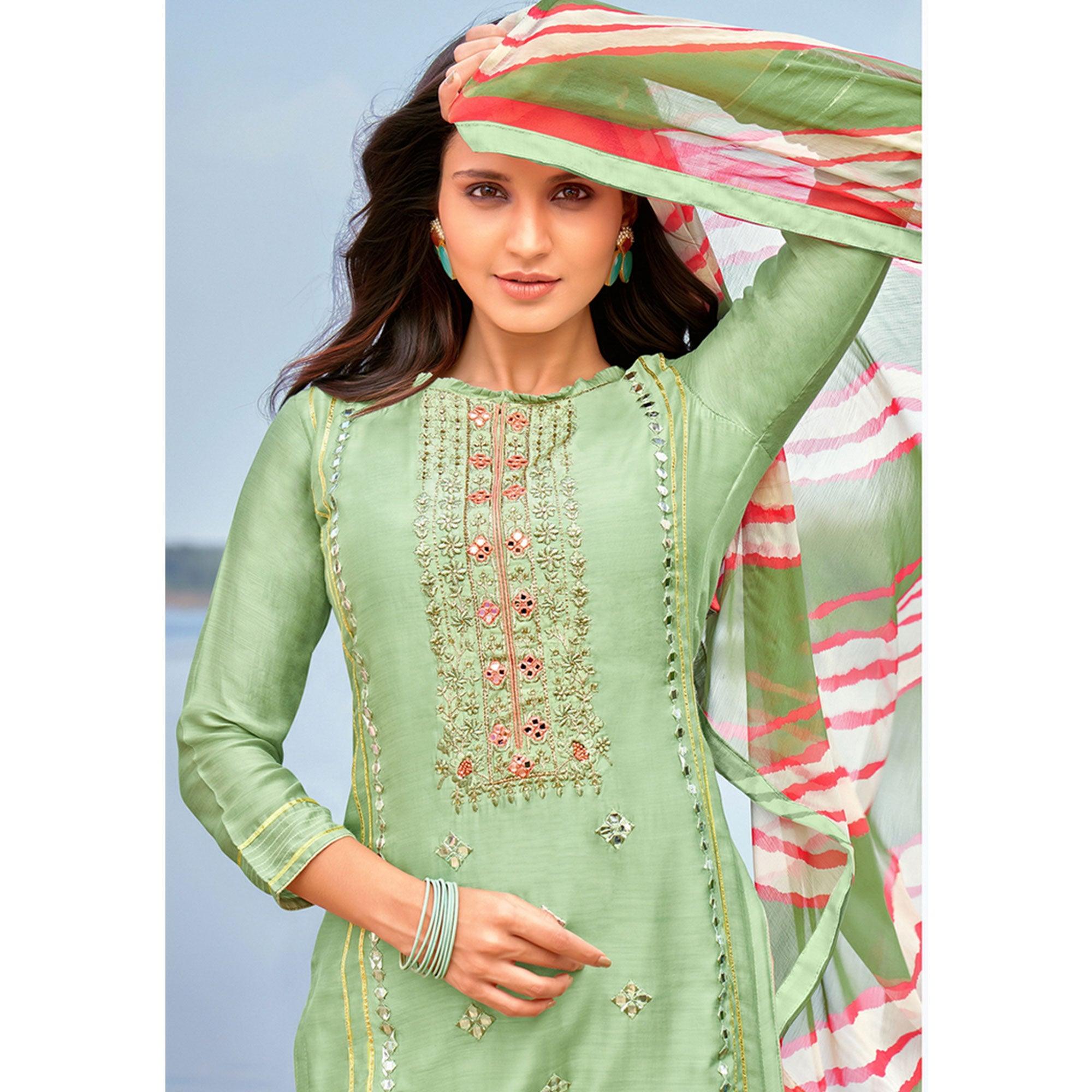 Impressive Pista Green Colored Partywear Embroidered Modal Cotton Dress Material - Peachmode