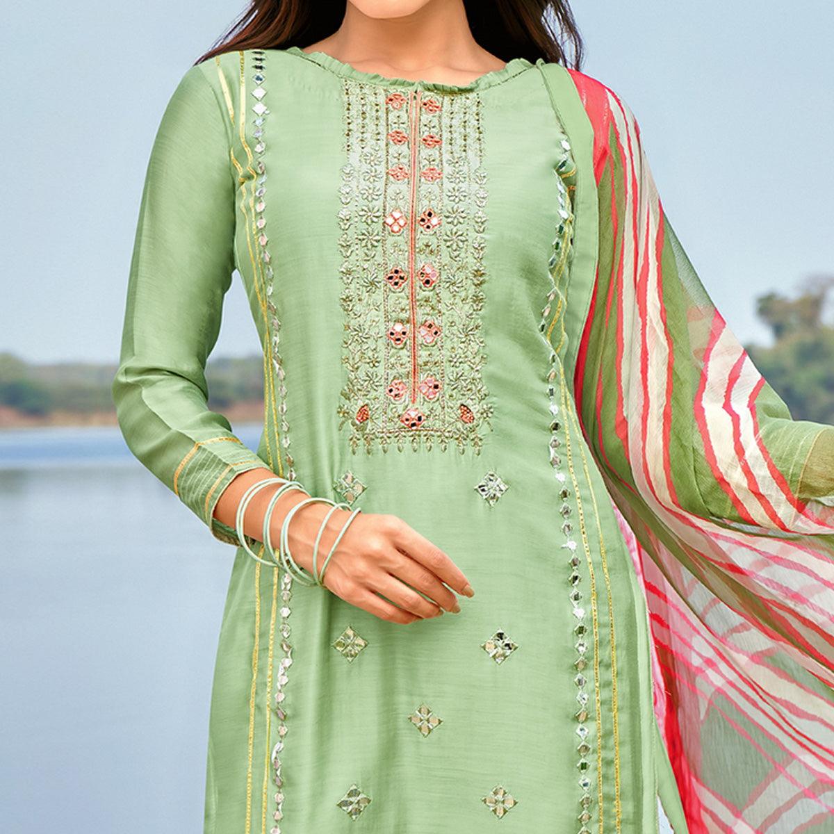 Impressive Pista Green Colored Partywear Embroidered Modal Cotton Dress Material - Peachmode