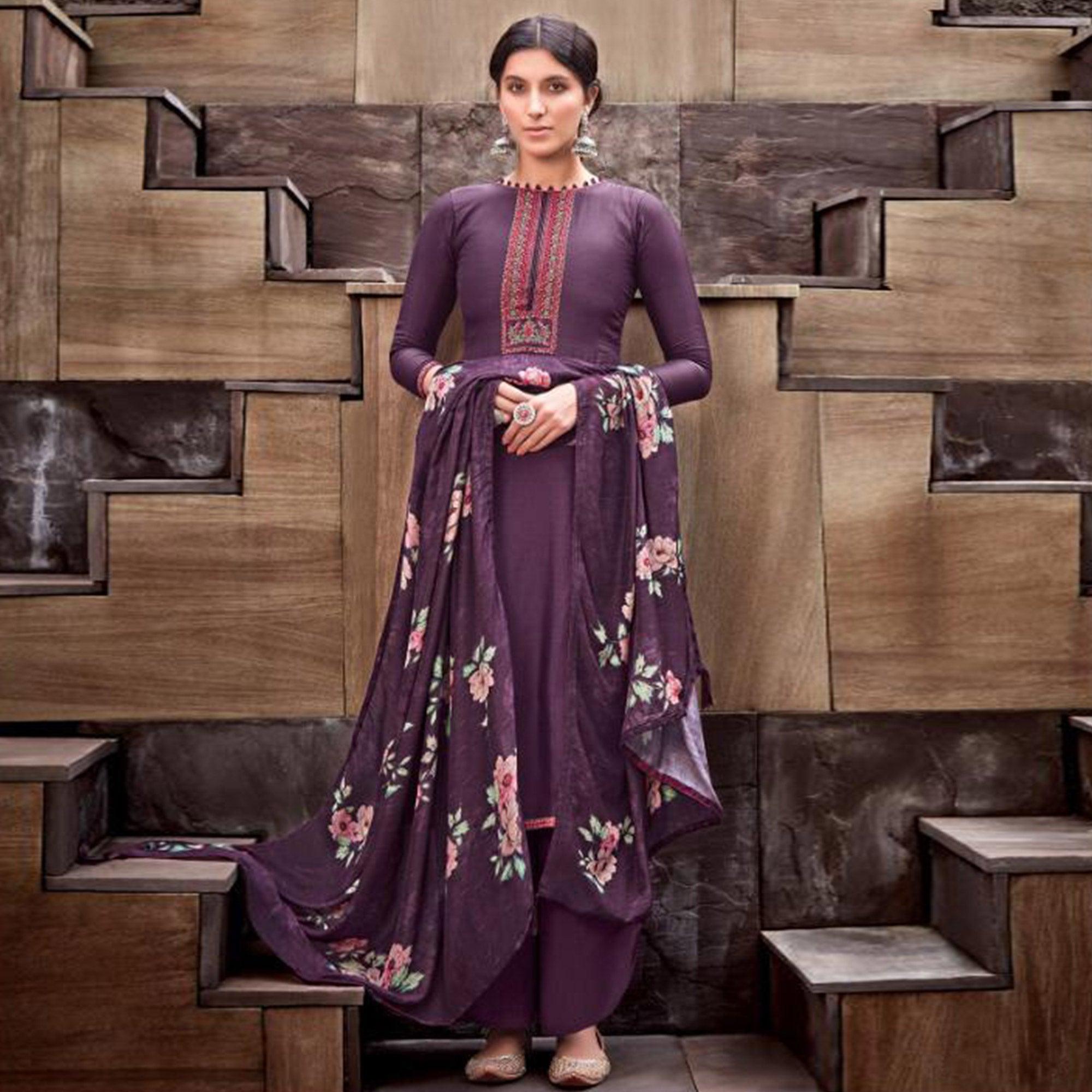 Impressive Purple Colored Partywear Printed Viscose Muslin Suit - Peachmode