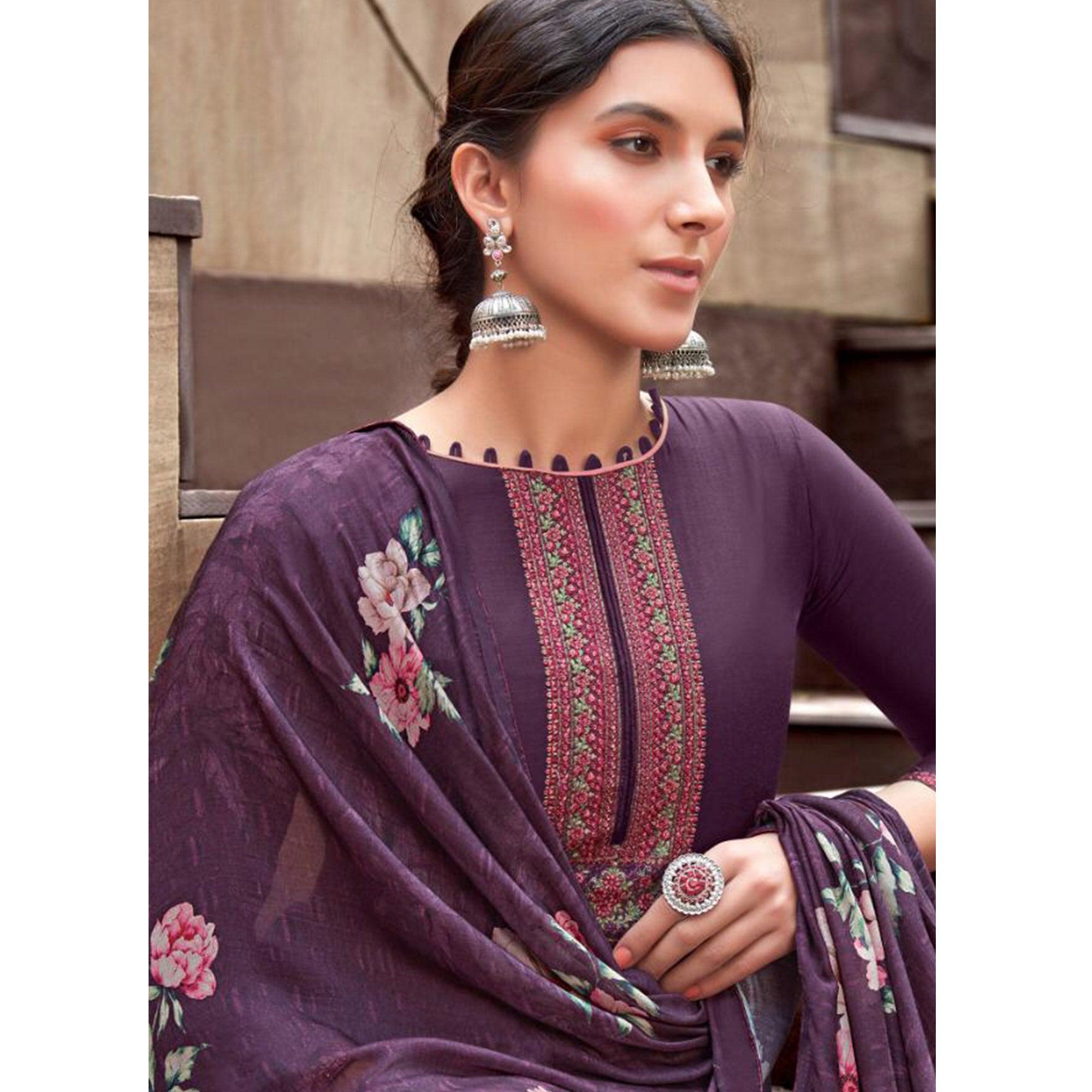 Impressive Purple Colored Partywear Printed Viscose Muslin Suit - Peachmode